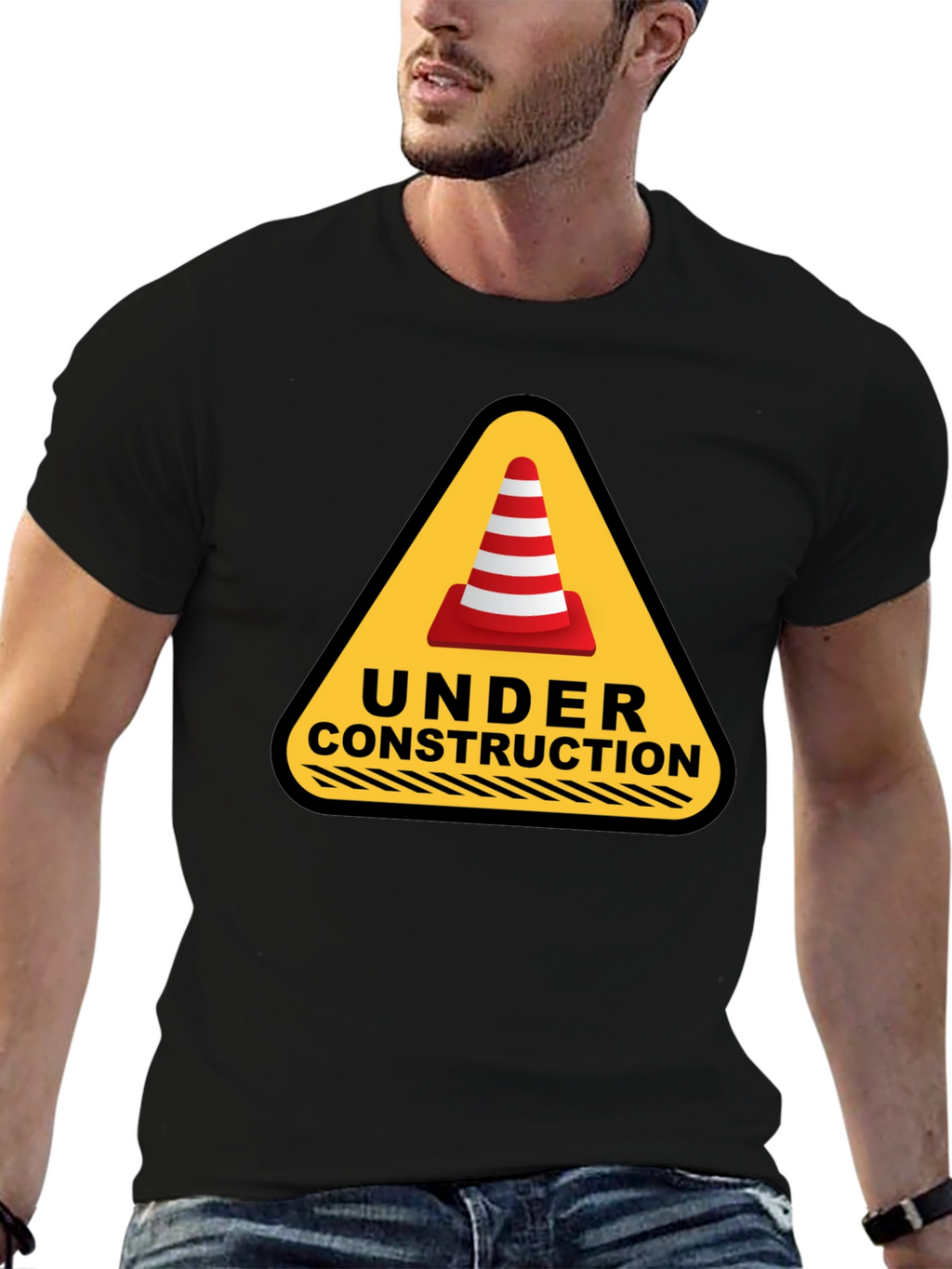 Under Construction Cone Graphic Tee - Black Cotton T-Shirt