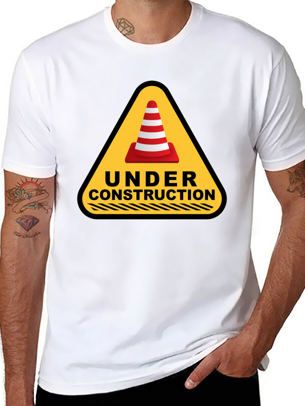 Under Construction Cone Graphic Tee - Black Cotton T-Shirt