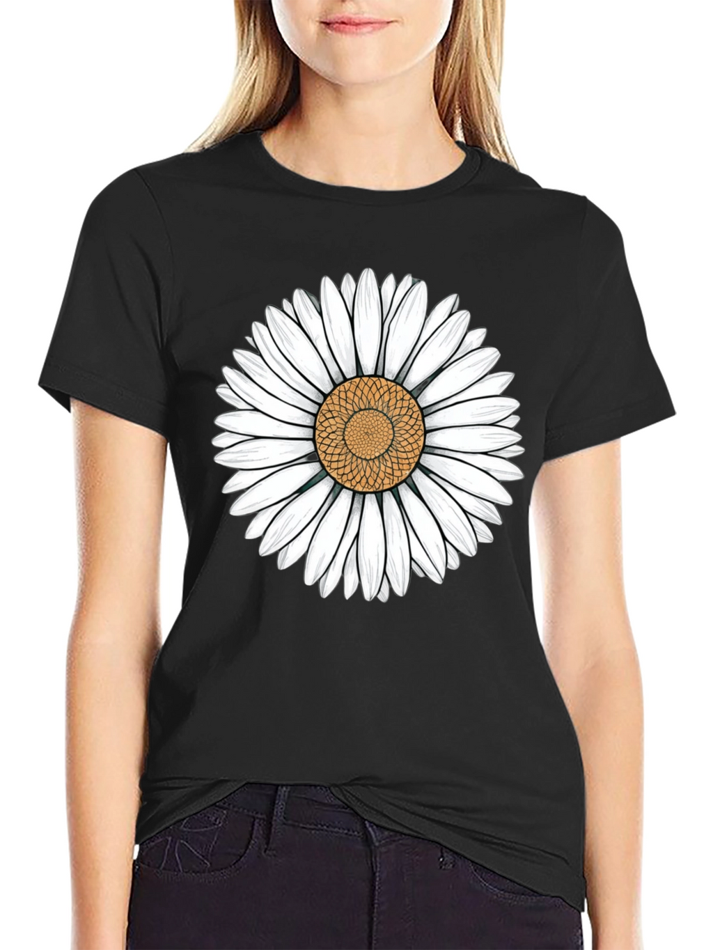 Daisy Flower Graphic Black T-Shirt