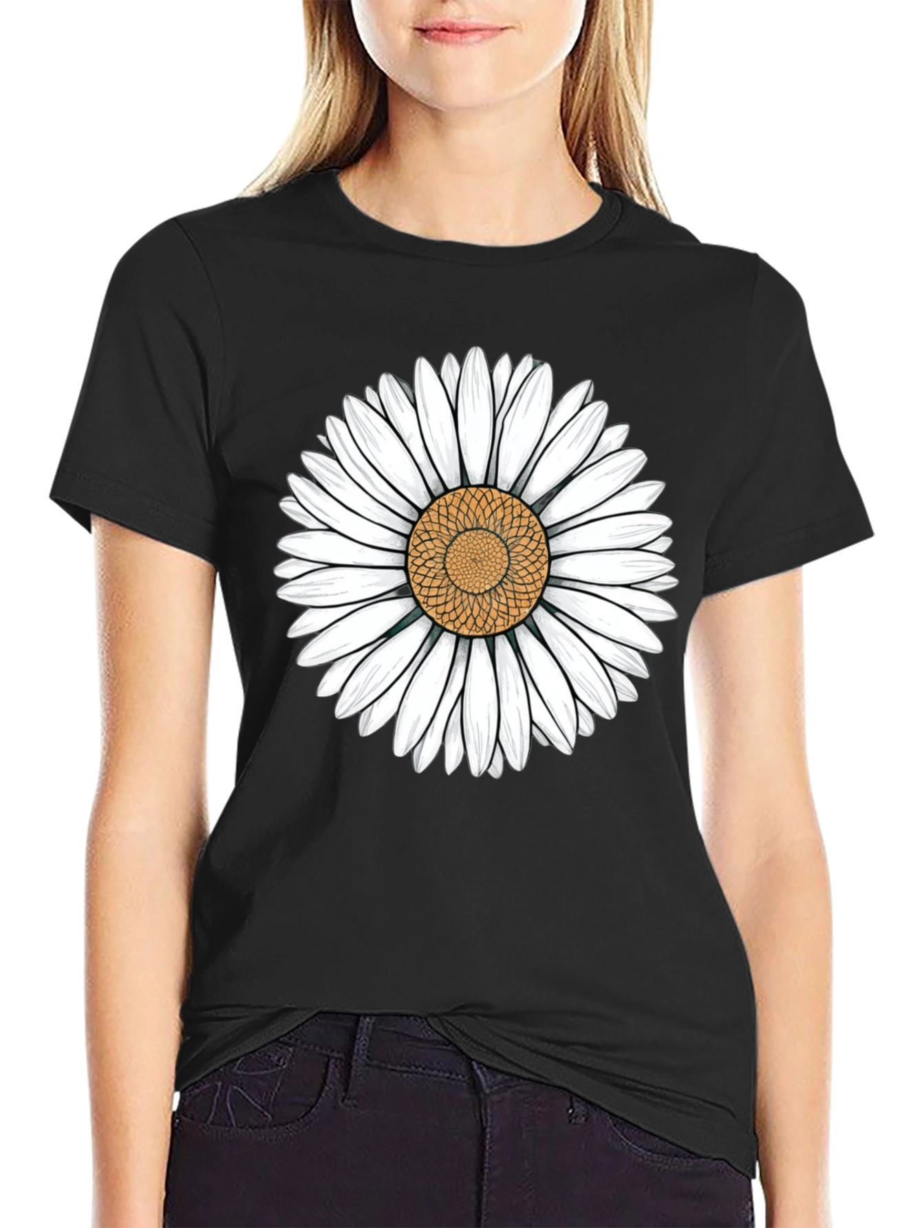 Daisy Flower Graphic Black T-Shirt
