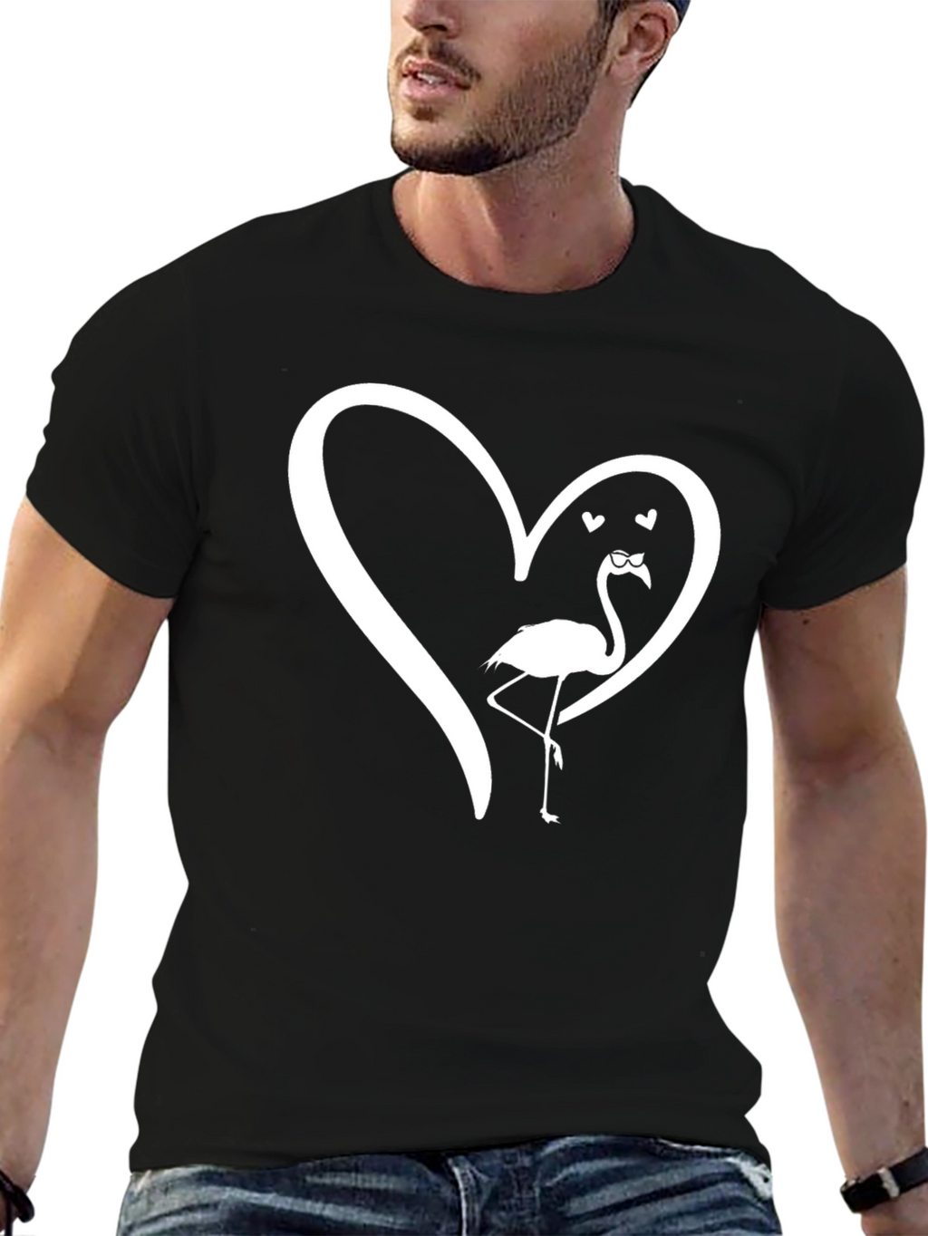 Mens Black Flamingo Heart Graphic Tee