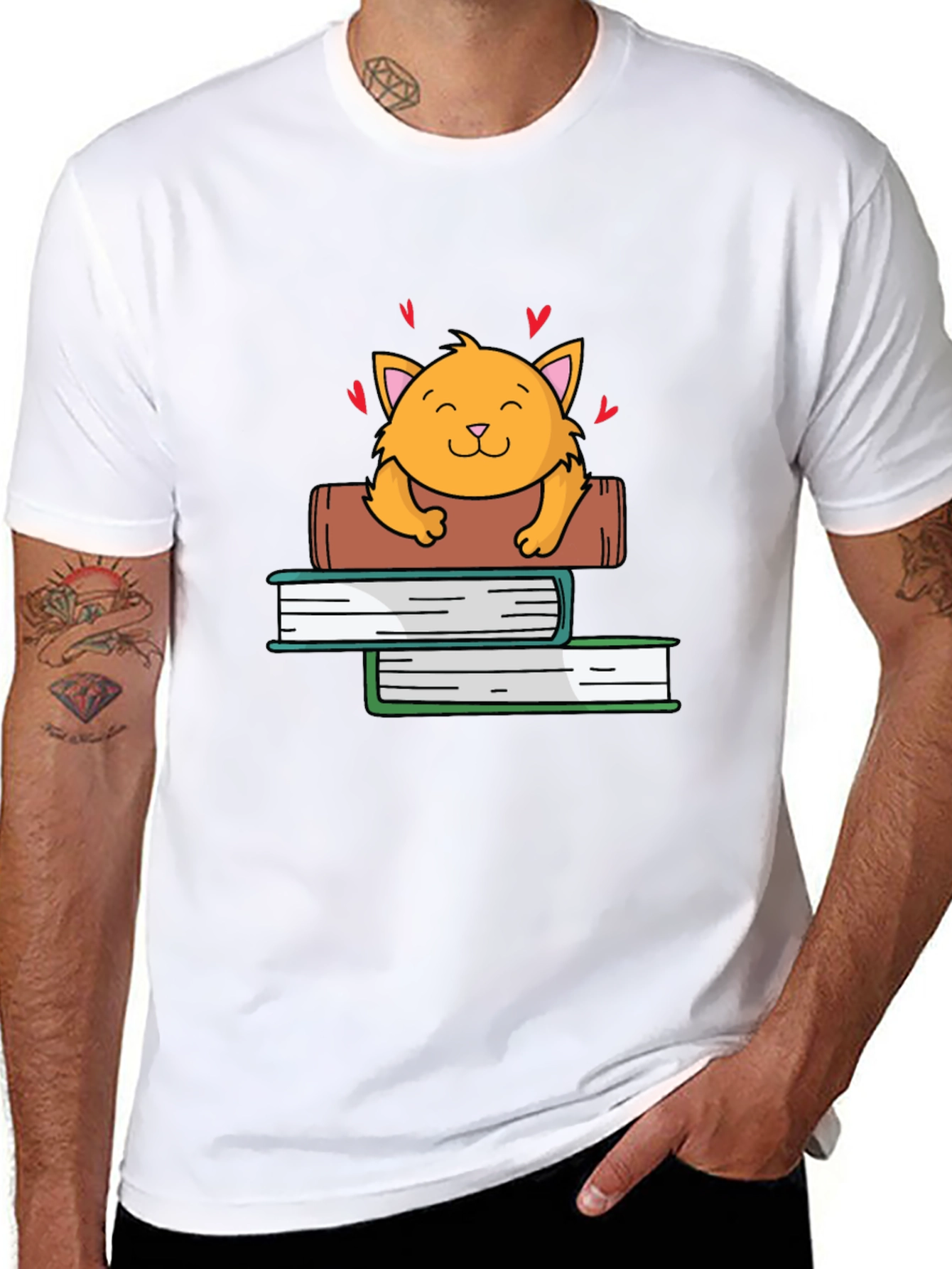 Cute Cat on Books Graphic Tee