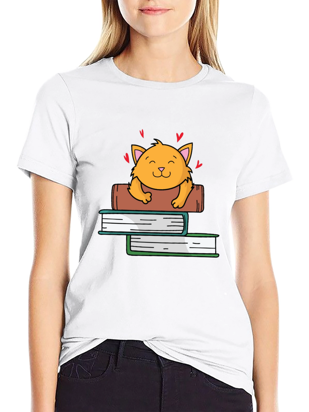 Cute Cat on Books Graphic Tee