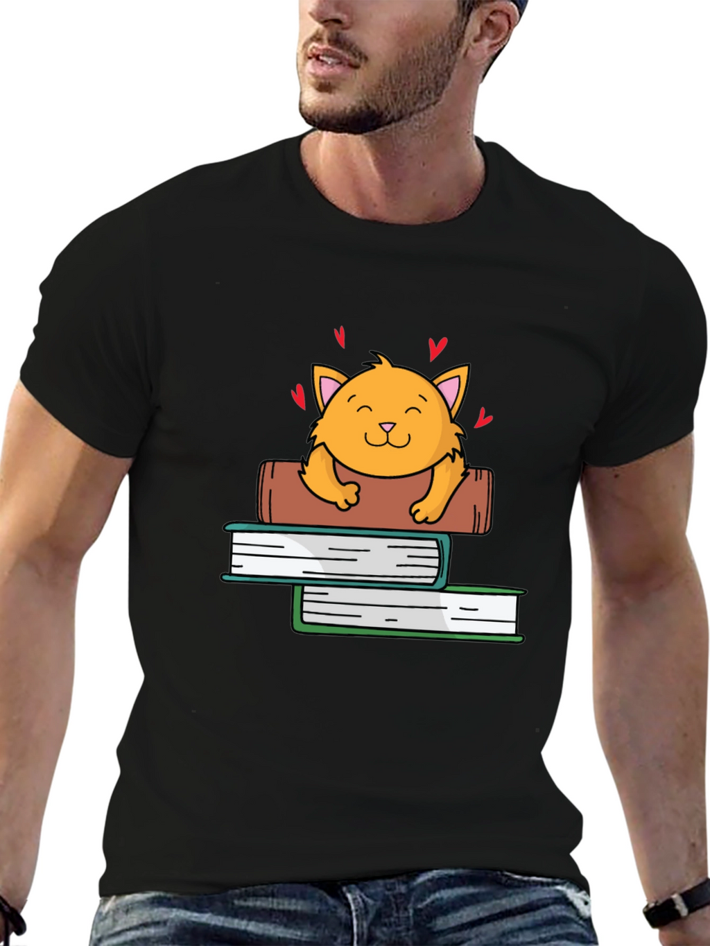 Cute Cat on Books Graphic Tee