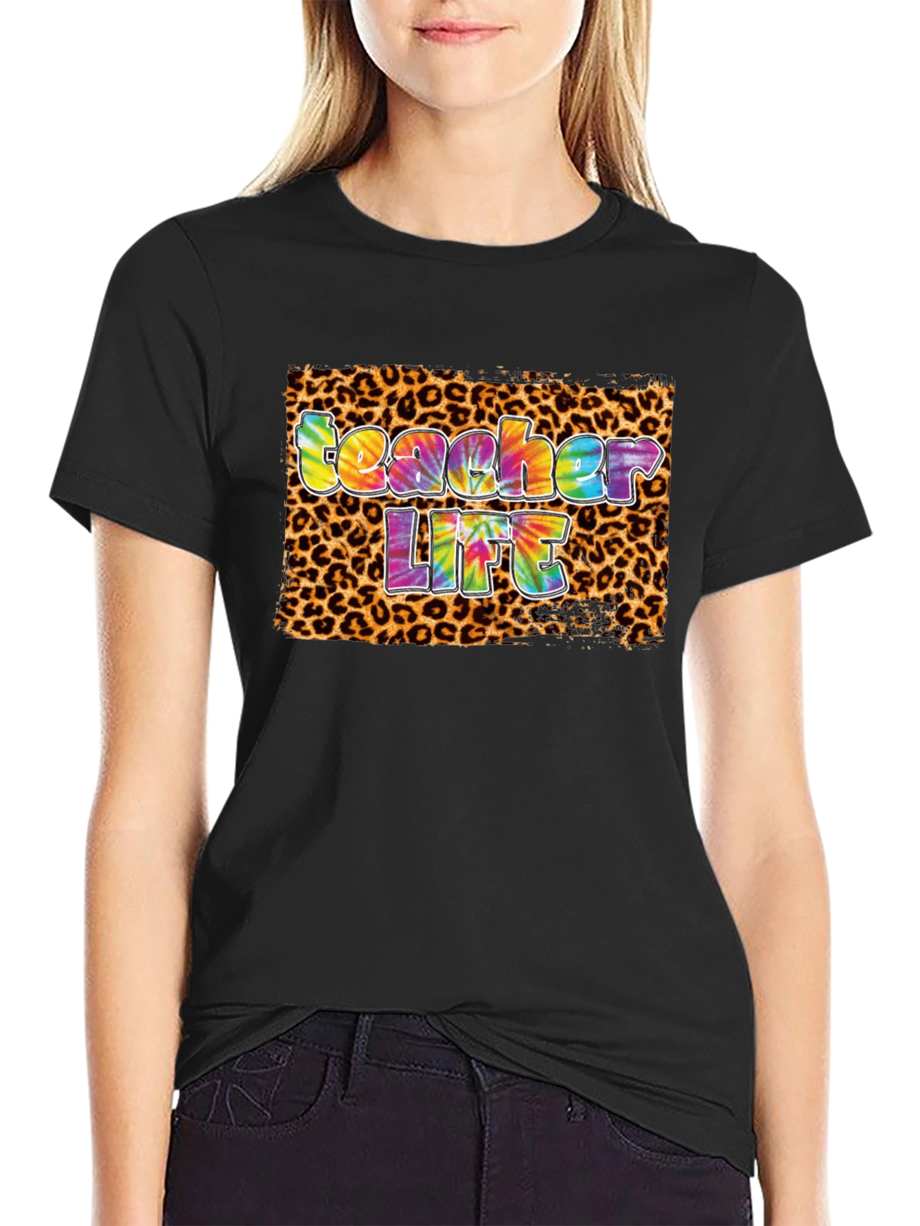 Teacher Life Tie-Dye Leopard Print T-Shirt