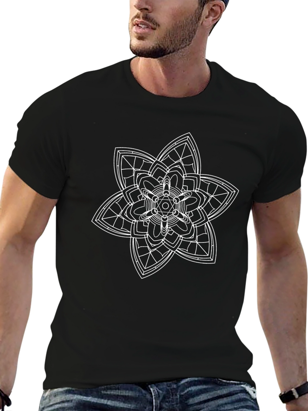 Black T-Shirt with White Geometric Flower Design