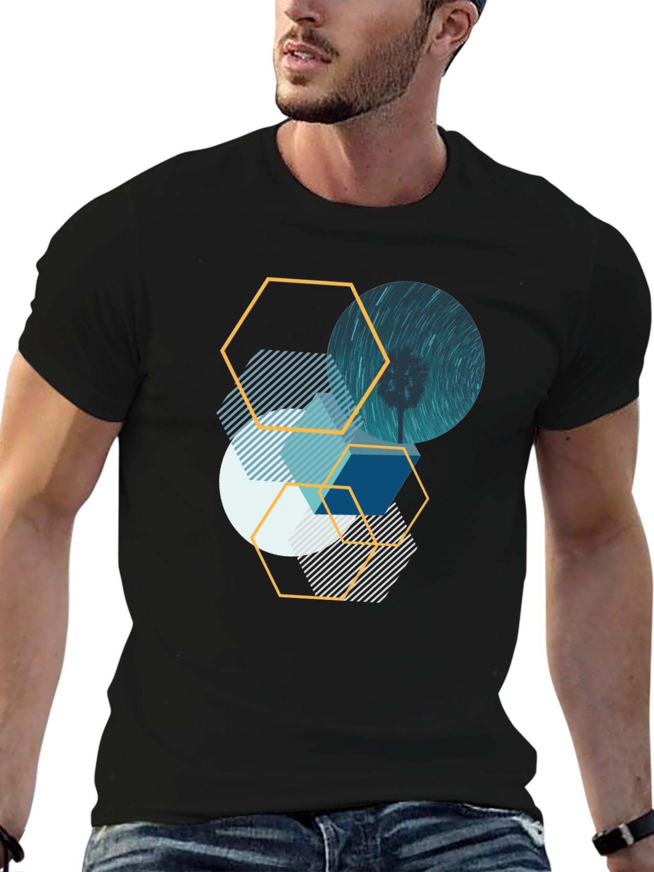 Geometric Graphic Tee - Abstract Design Black T-Shirt