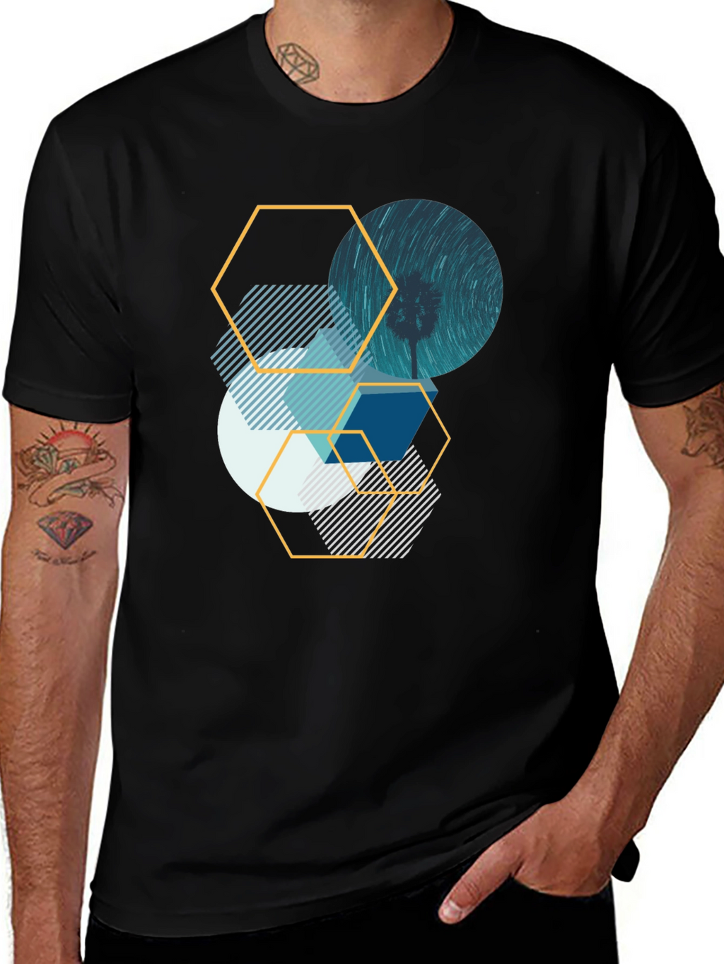 Geometric Graphic Tee - Abstract Design Black T-Shirt