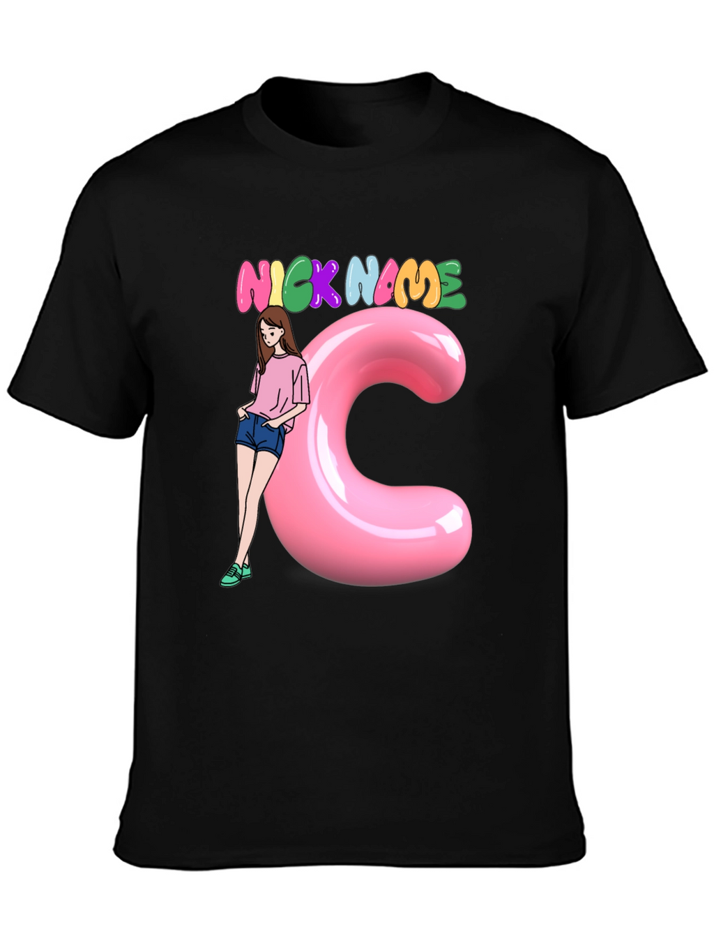Black Graphic Tee: Nick Name Girl & C