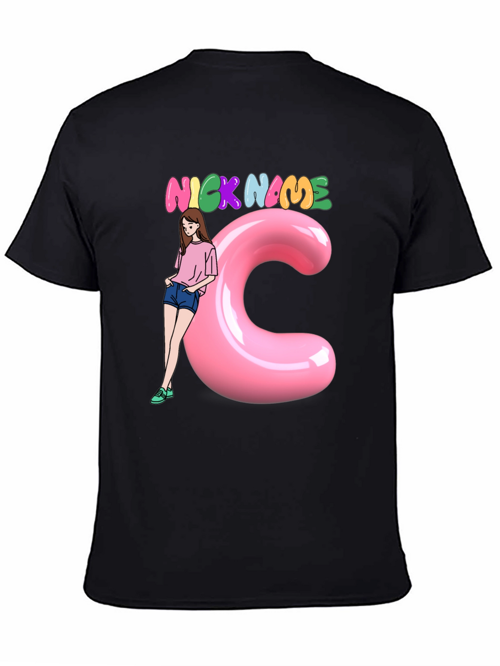 Black Graphic Tee: Nick Name Girl & C