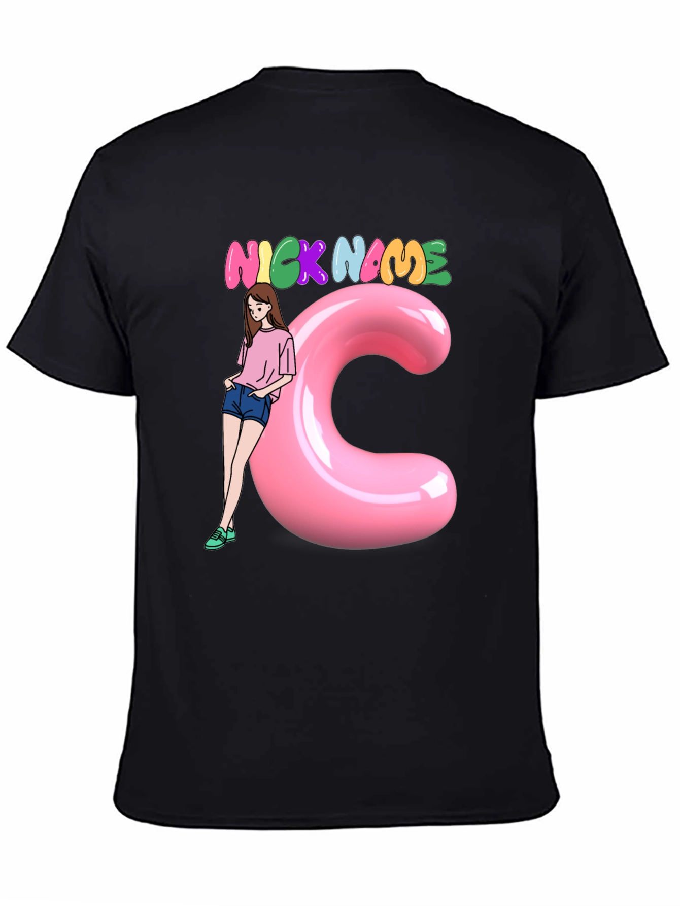 Black Graphic Tee: Nick Name Girl & C