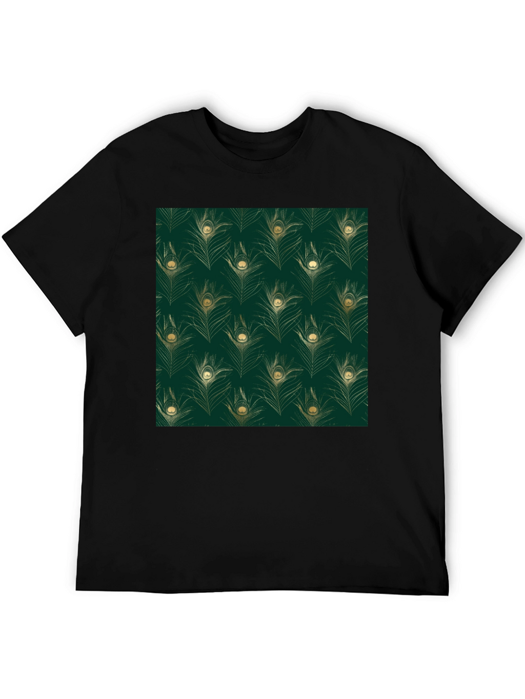 Elegant Peacock Feather Print Black T-Shirt