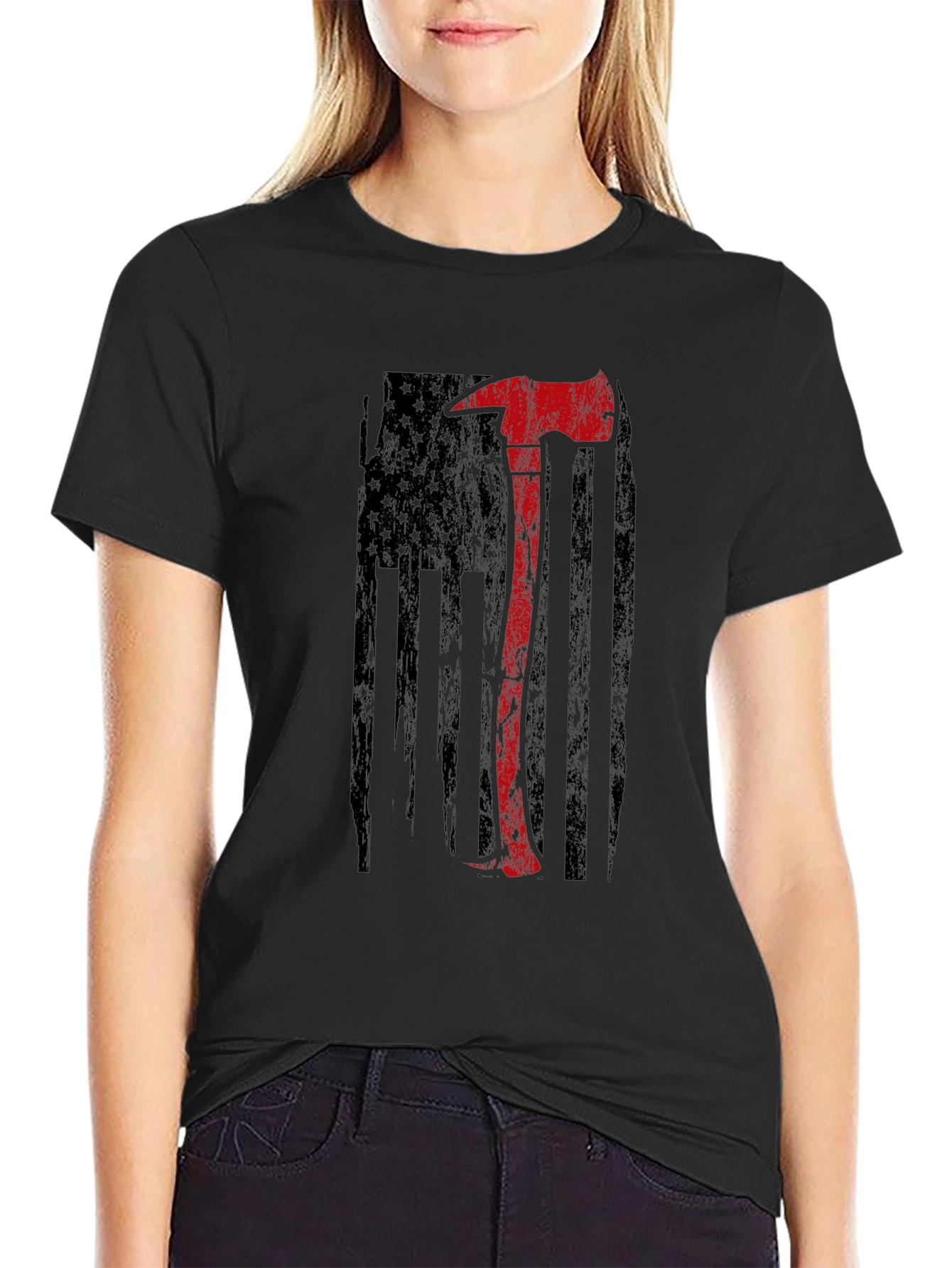 Firefighter Axe USA Flag Graphic T-Shirt