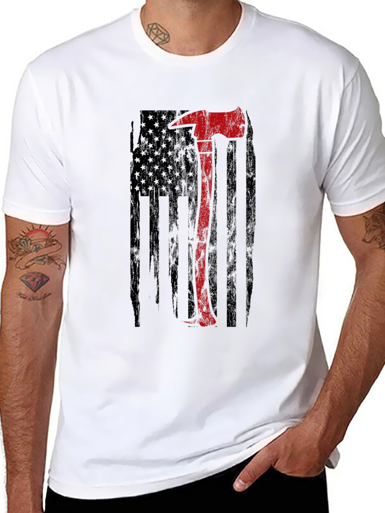 Firefighter Axe USA Flag Graphic T-Shirt