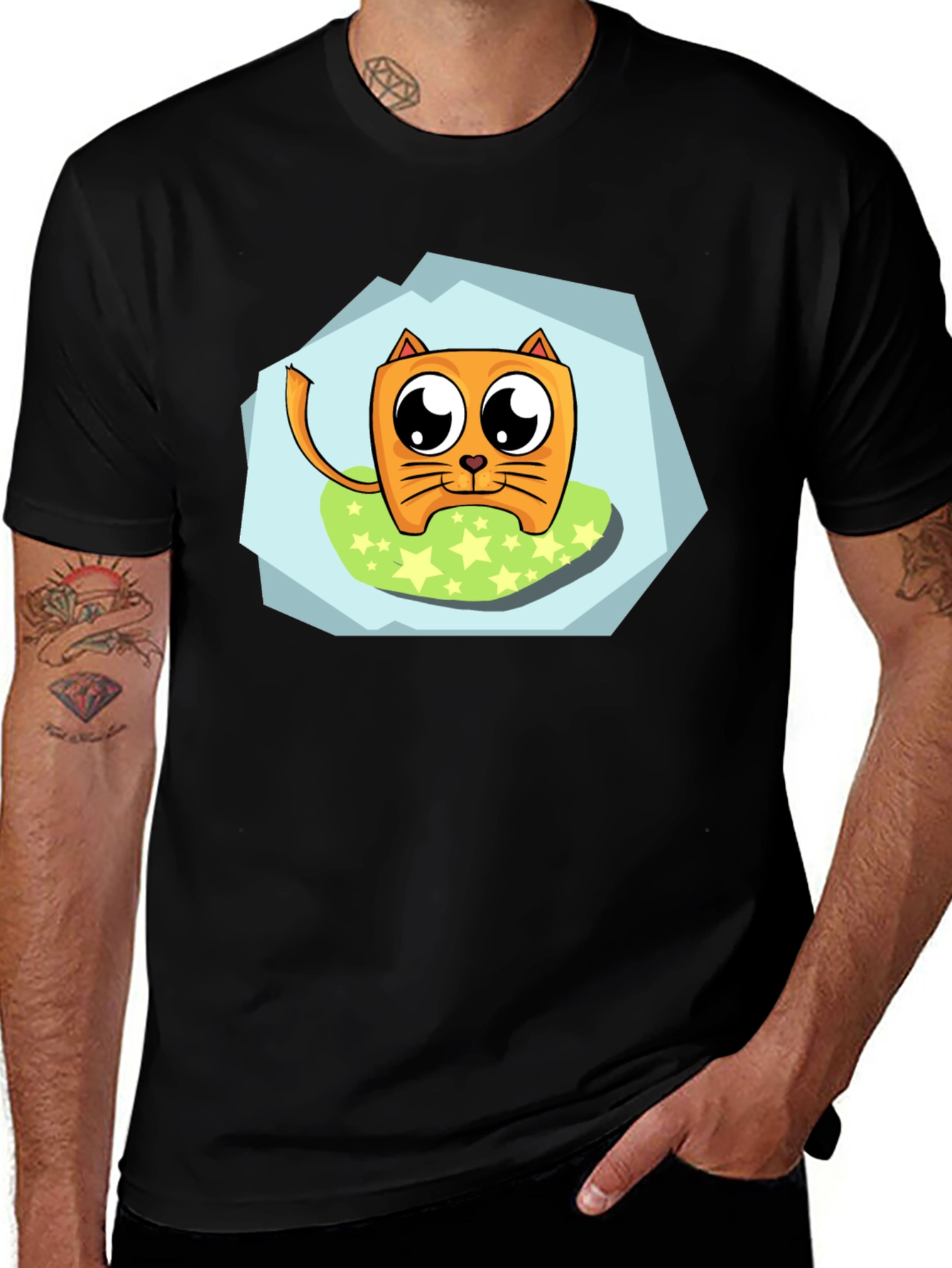 Cartoon Cat Graphic Tee - Black Casual Shirt