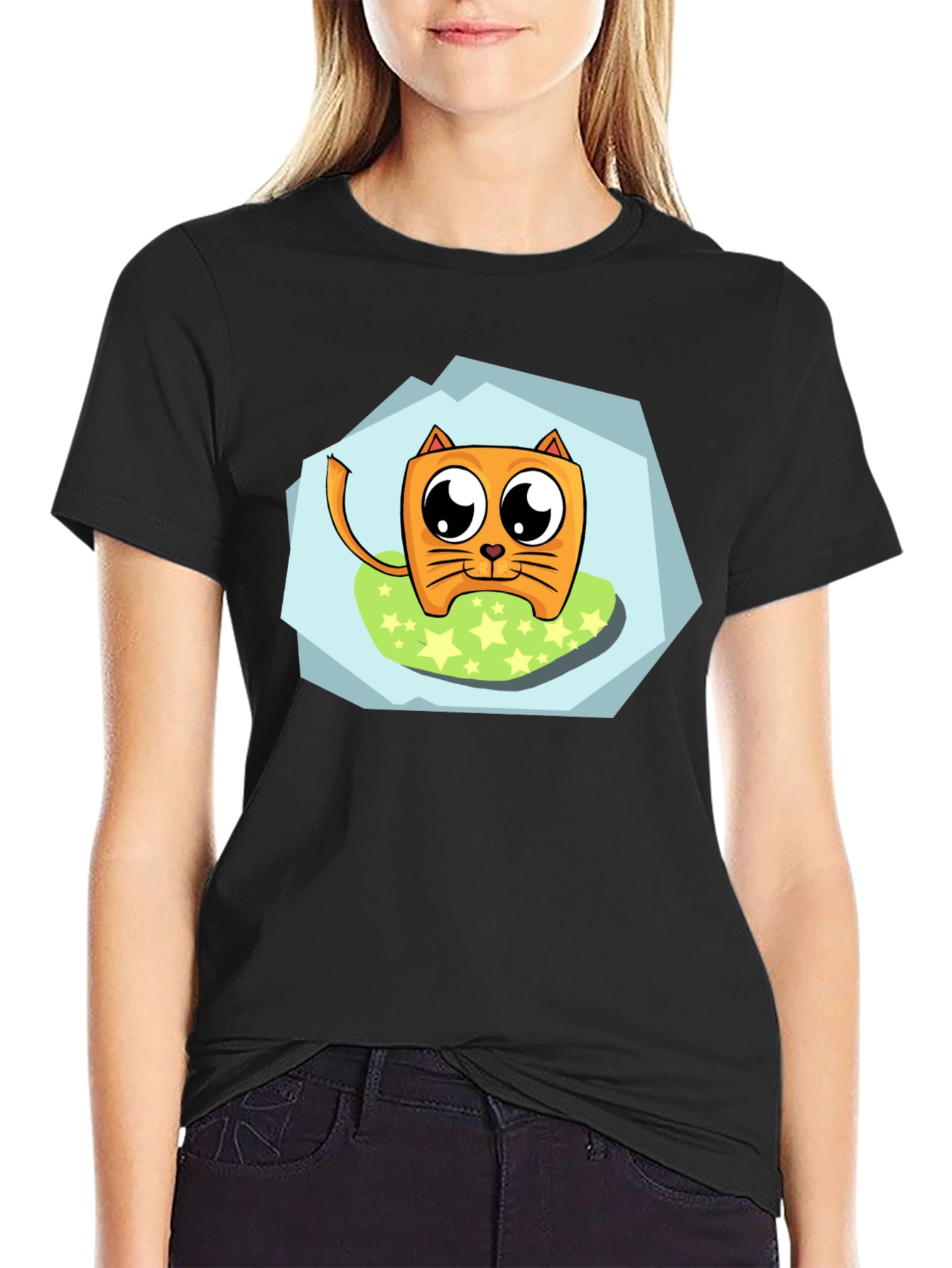 Cartoon Cat Graphic Tee - Black Casual Shirt