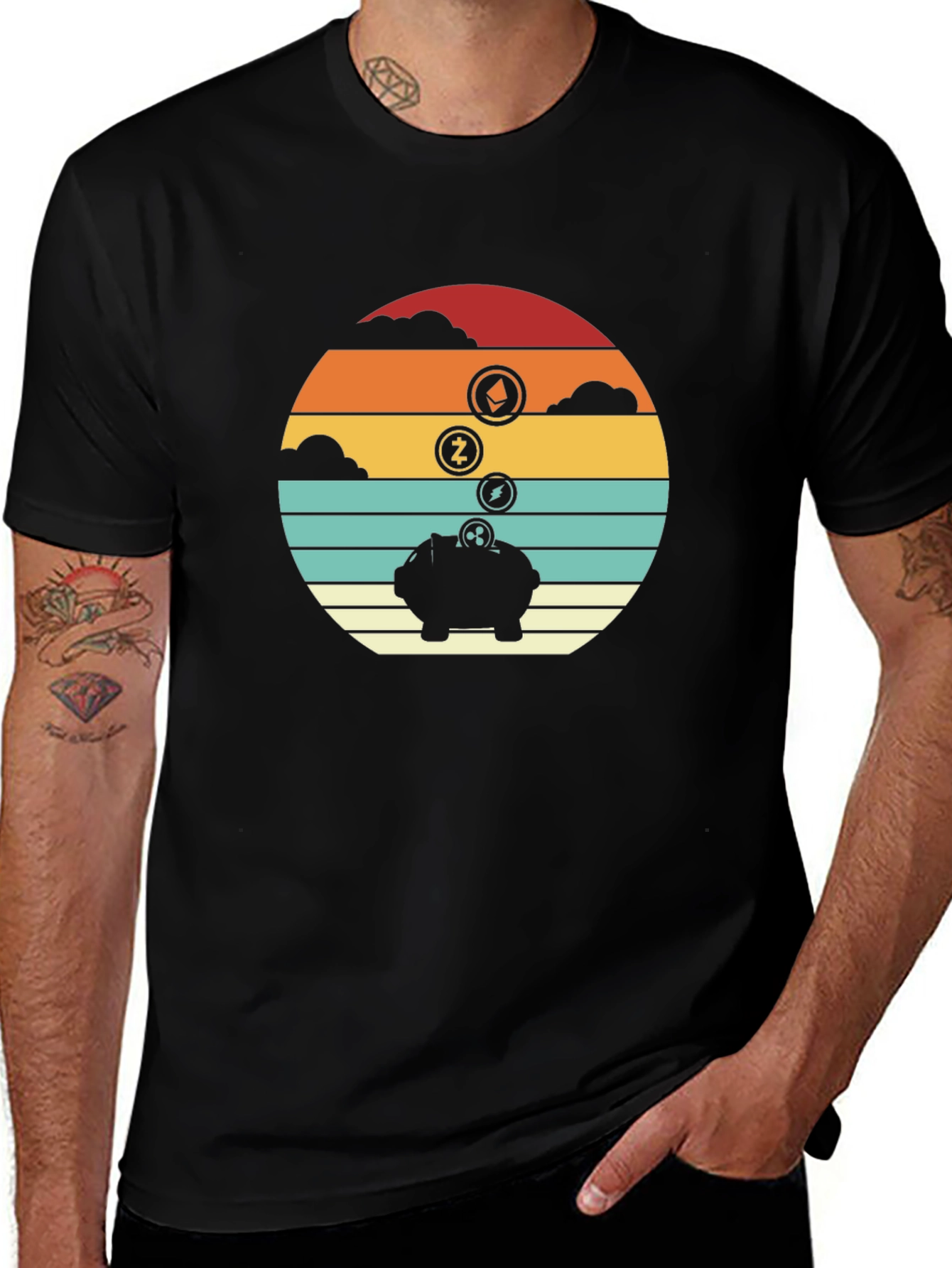 Retro Crypto Piggy Bank Black T-Shirt