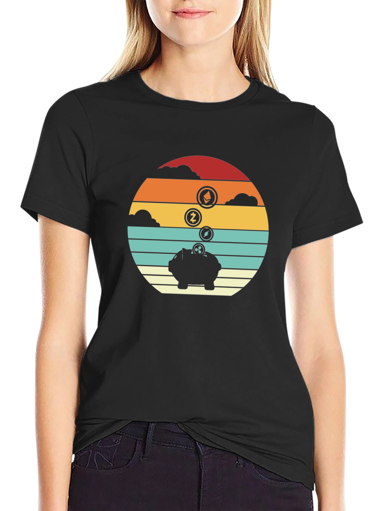 Retro Crypto Piggy Bank Black T-Shirt
