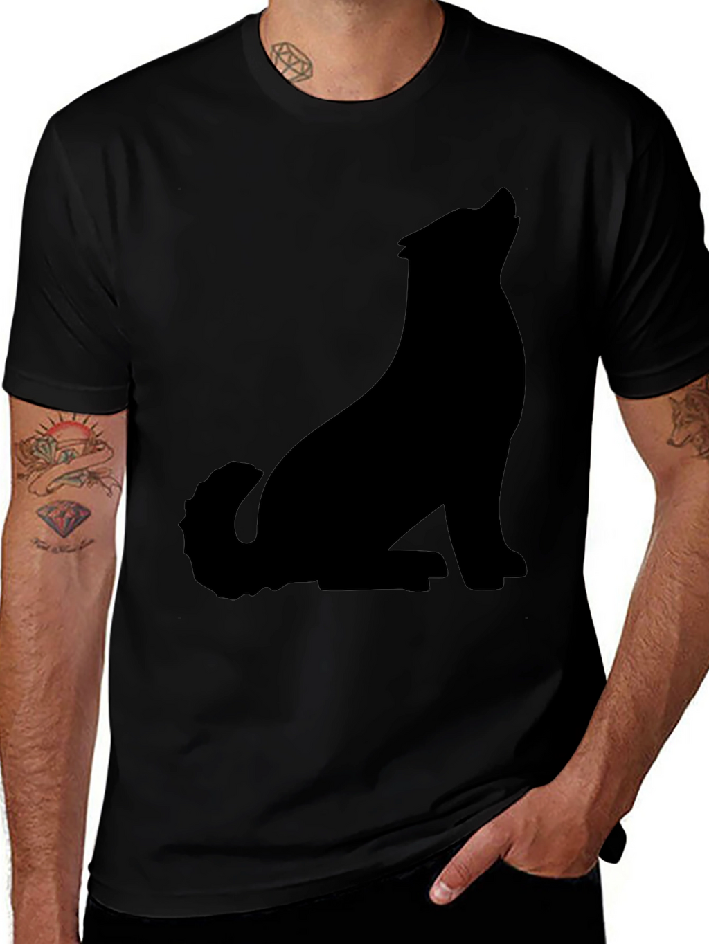 Black T-Shirt with Wolf Silhouette