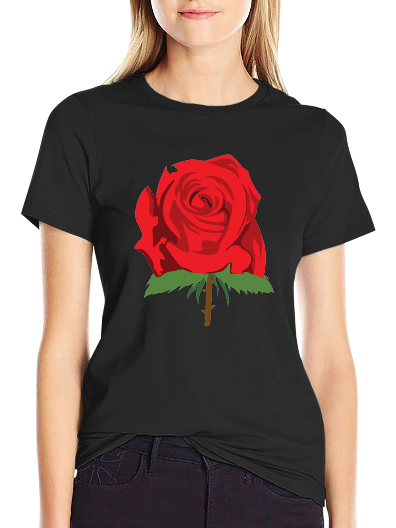 Red Rose Graphic T-Shirt - Stylish Black Tee