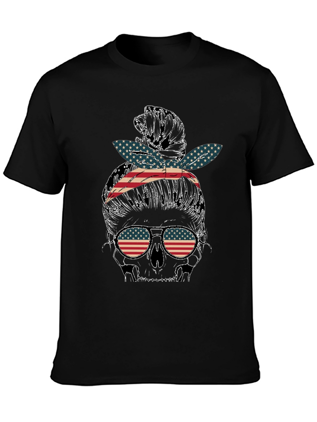 Skull Messy Bun US Flag T-Shirt