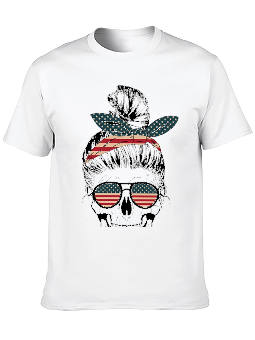 Skull Messy Bun US Flag T-Shirt