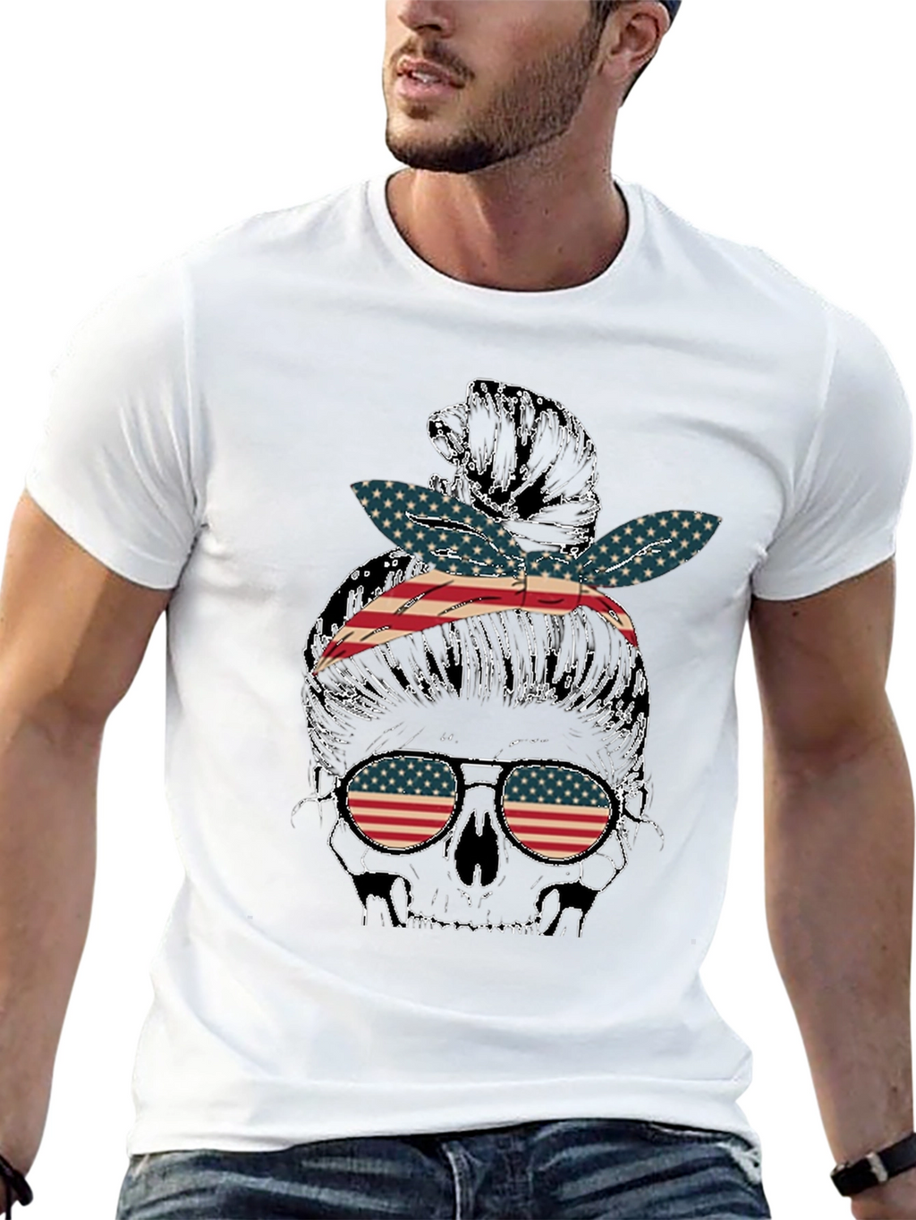 Skull Messy Bun US Flag T-Shirt