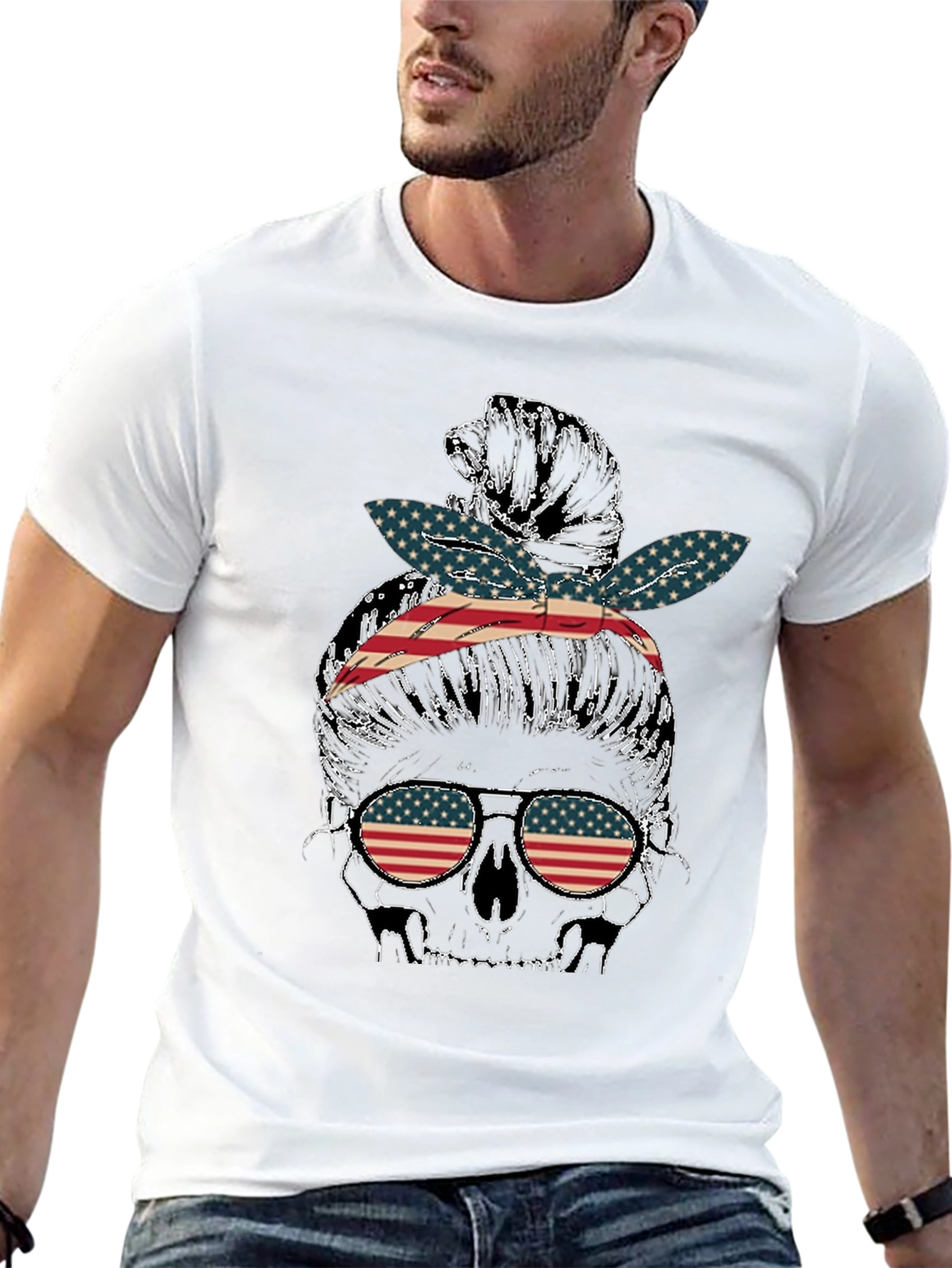 Skull Messy Bun US Flag T-Shirt