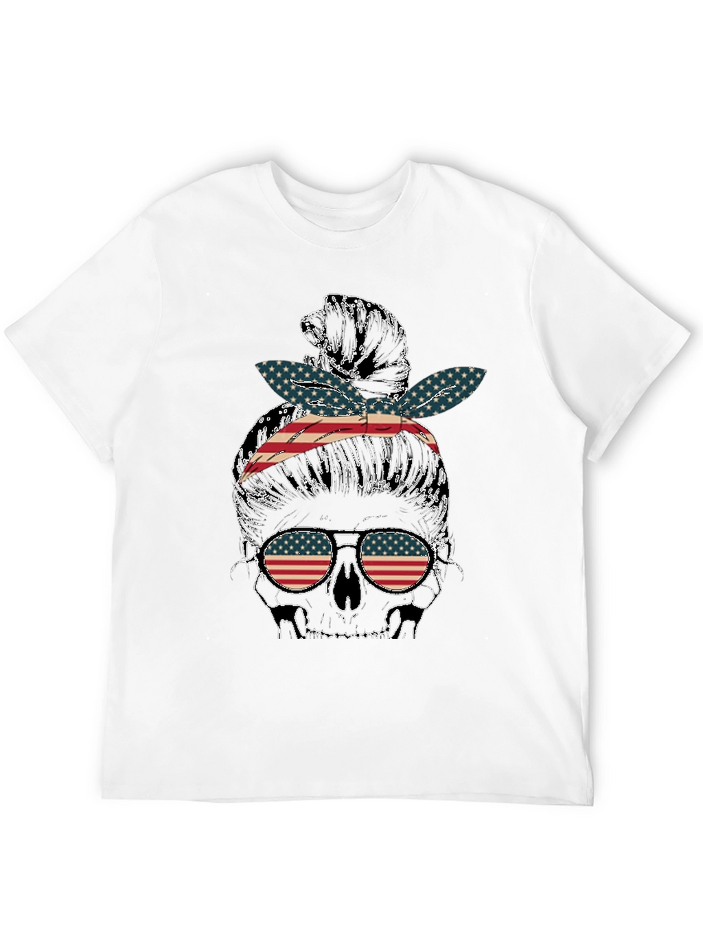 Skull Messy Bun US Flag T-Shirt