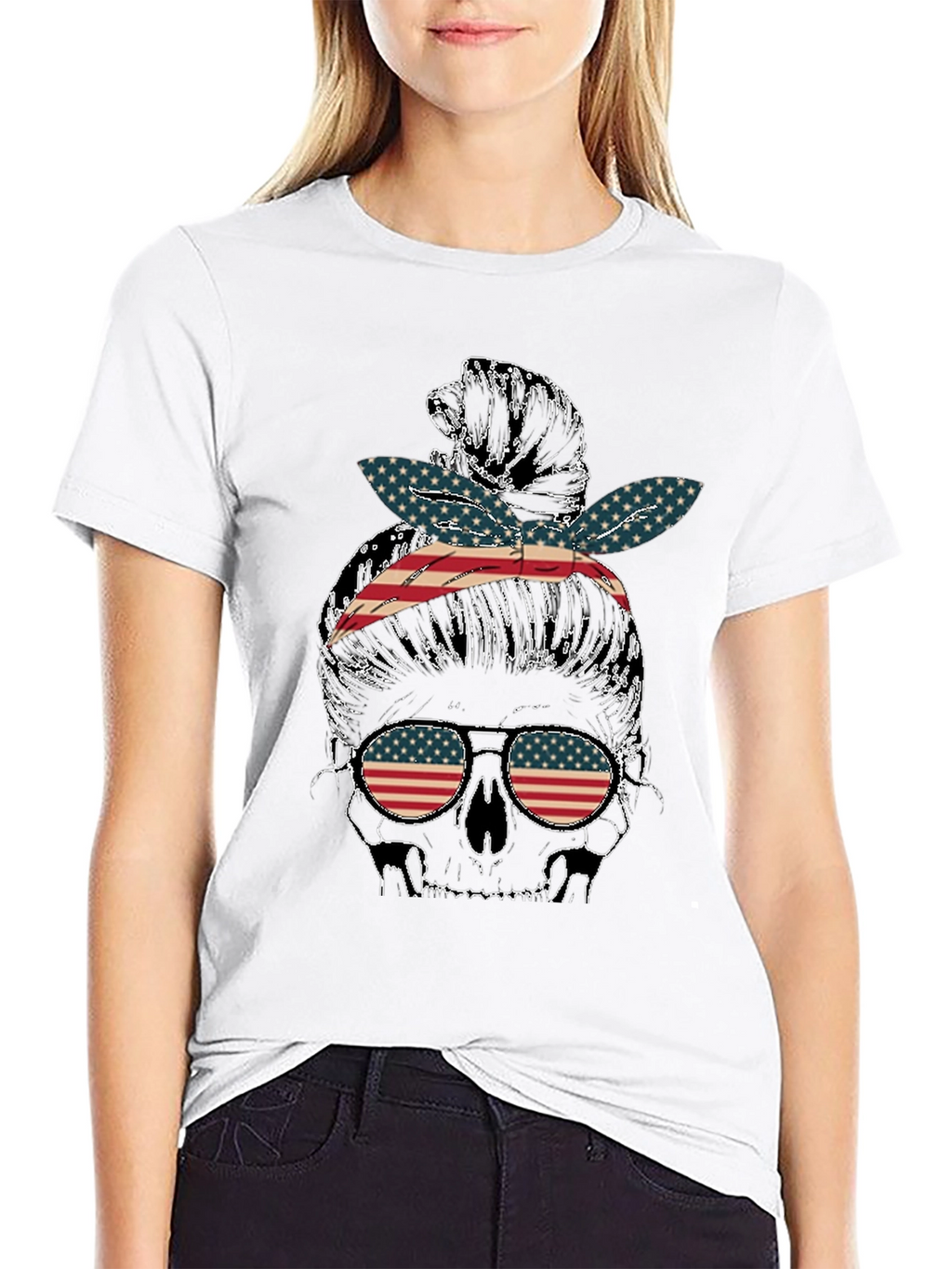 Skull Messy Bun US Flag T-Shirt