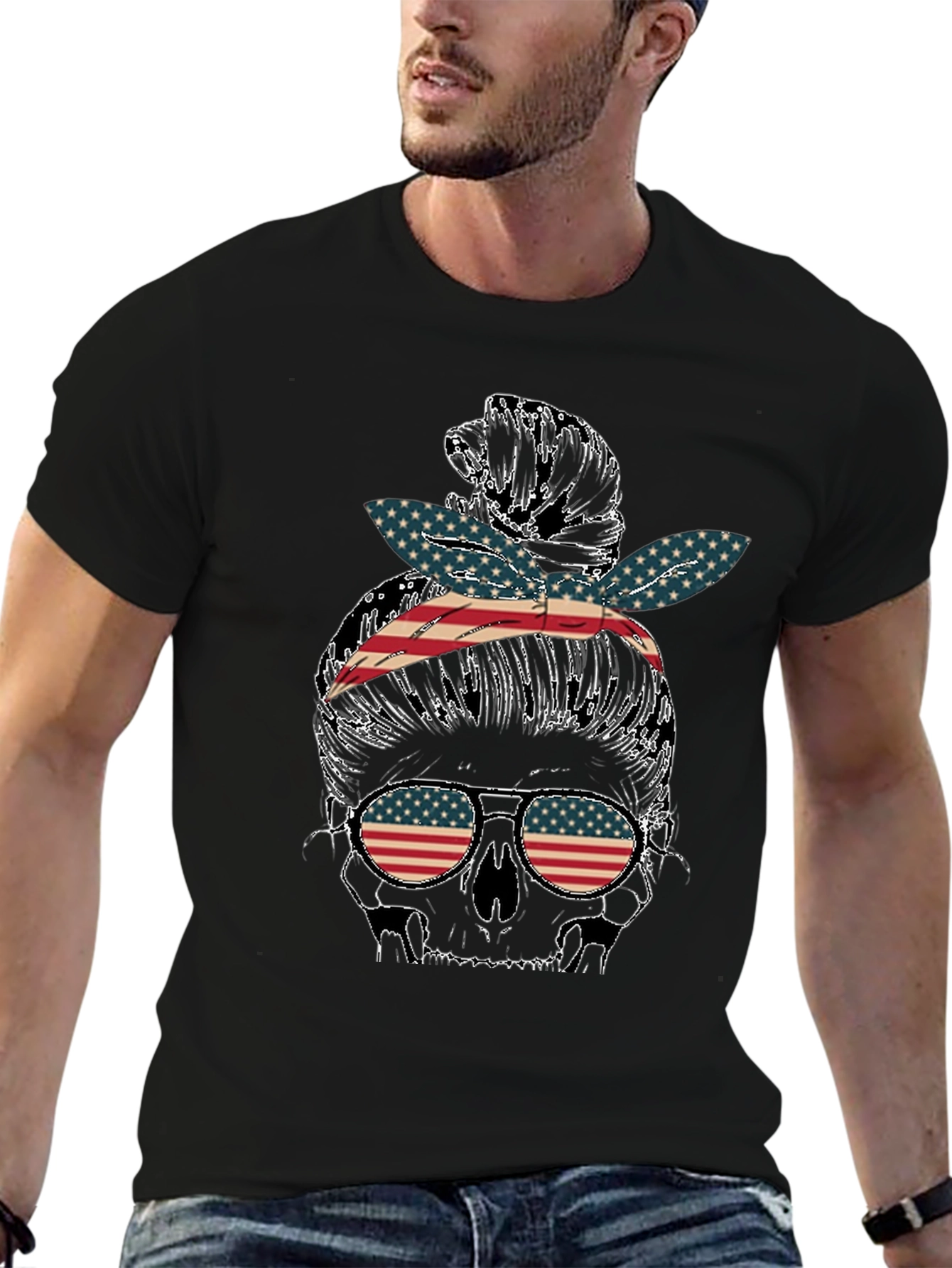 Skull Messy Bun US Flag T-Shirt