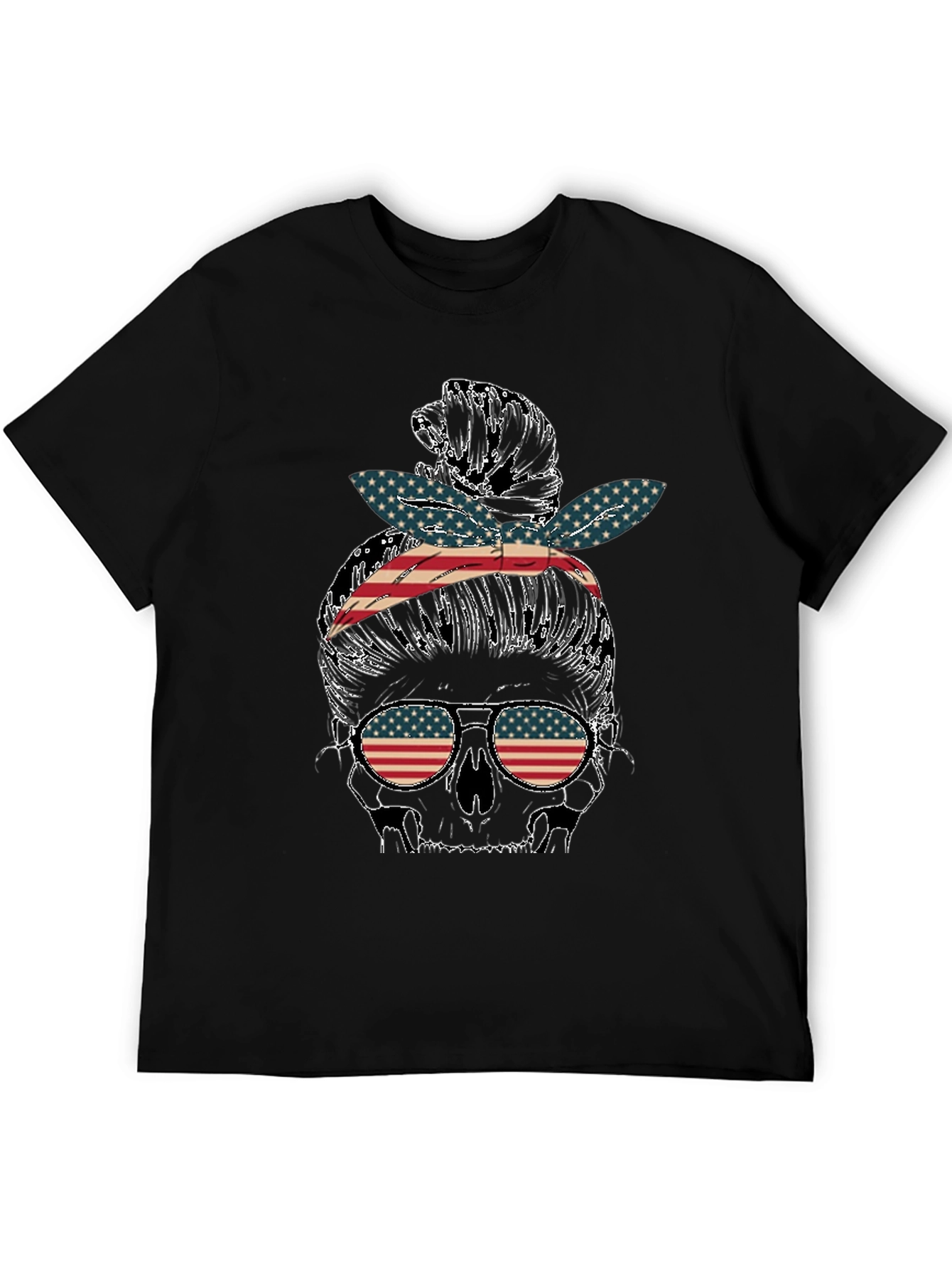 Skull Messy Bun US Flag T-Shirt