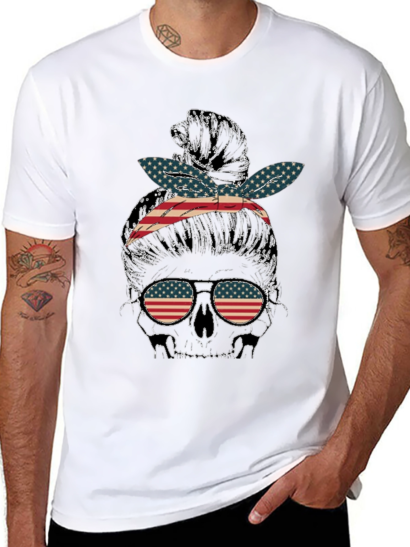 Skull Messy Bun US Flag T-Shirt
