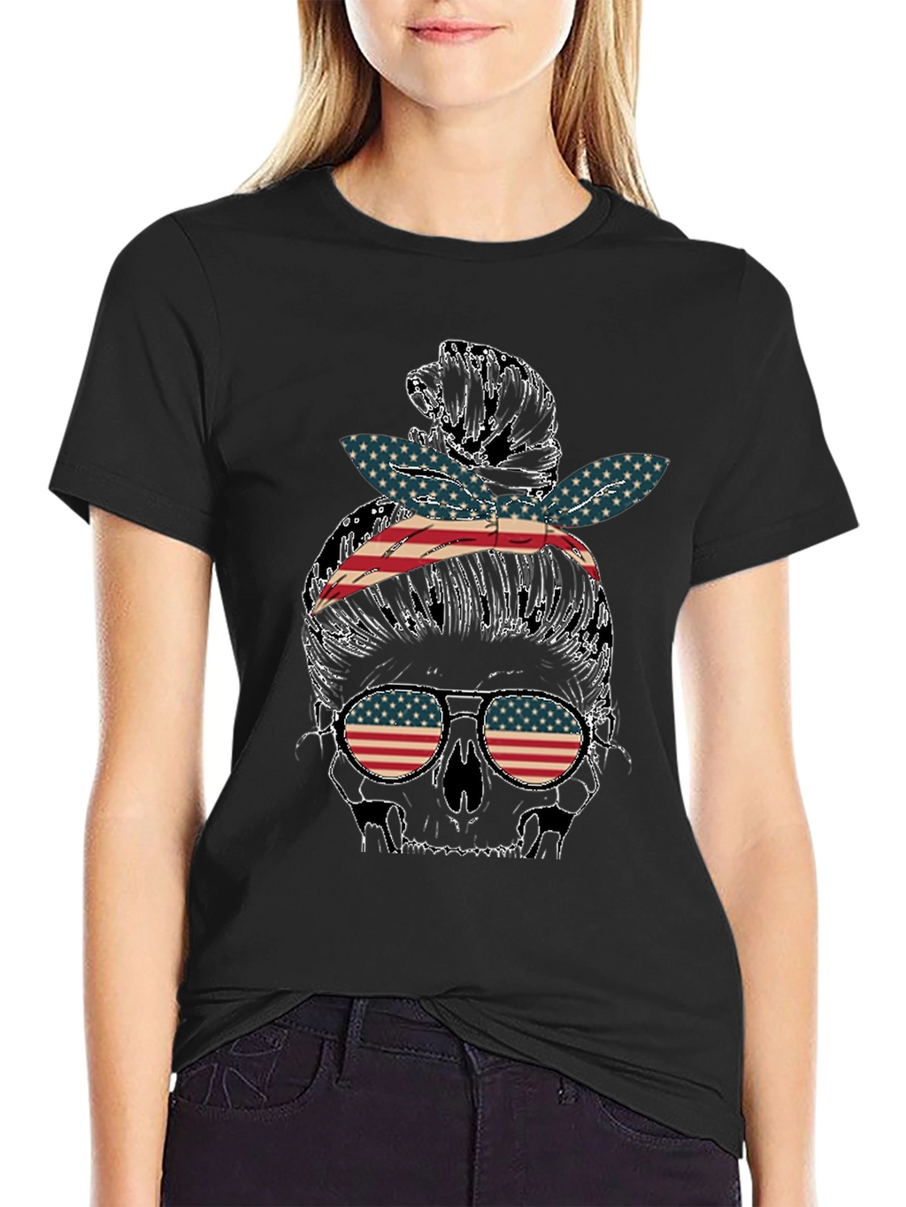 Skull Messy Bun US Flag T-Shirt