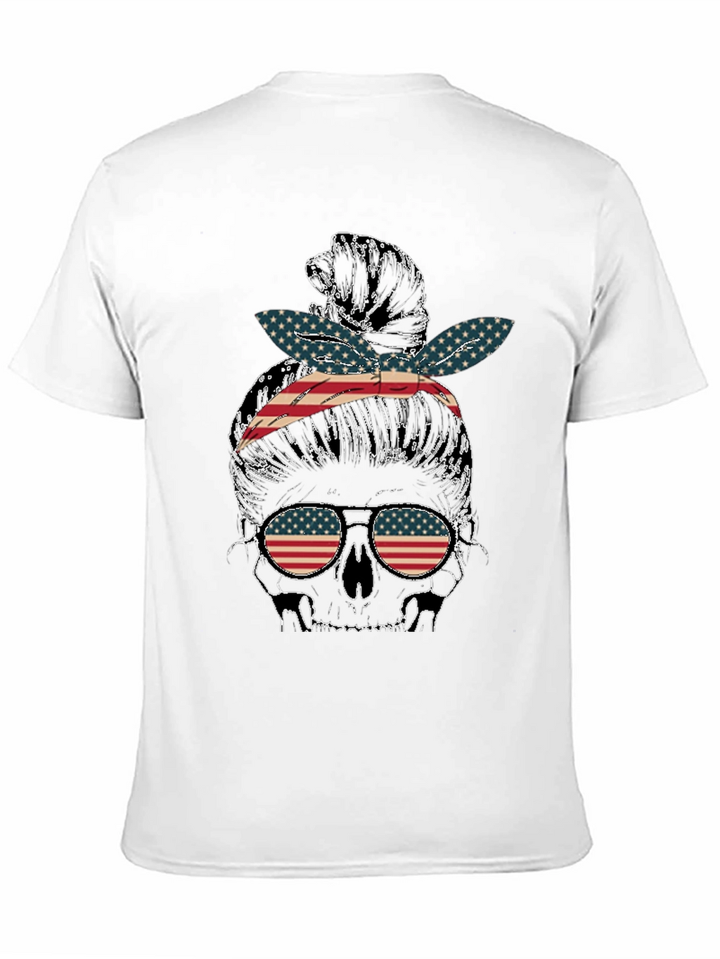 Skull Messy Bun US Flag T-Shirt