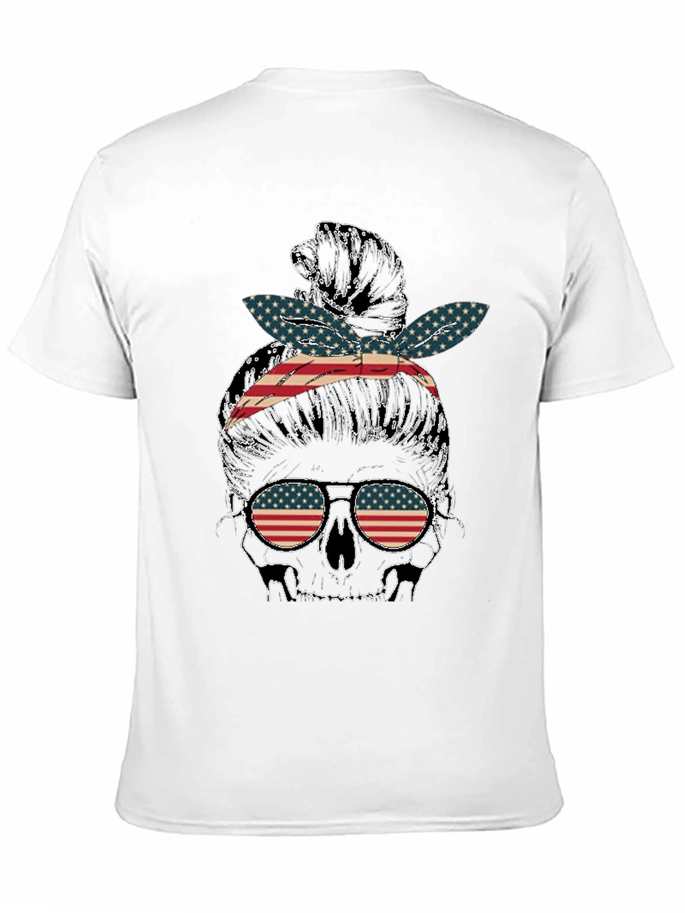 Skull Messy Bun US Flag T-Shirt