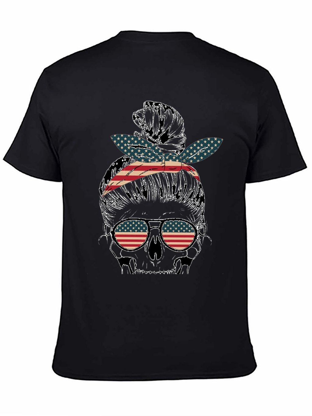 Skull Messy Bun US Flag T-Shirt