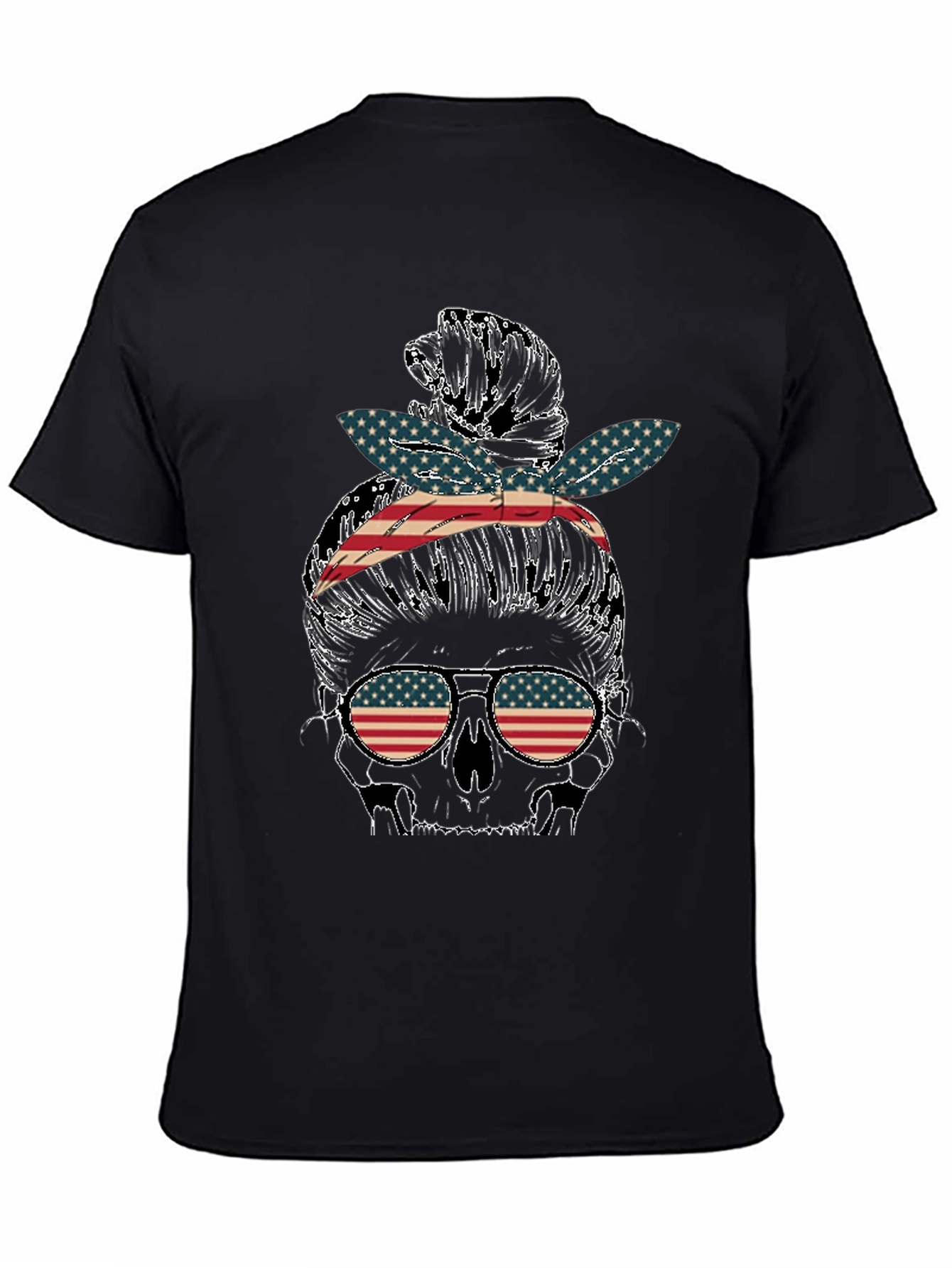 Skull Messy Bun US Flag T-Shirt