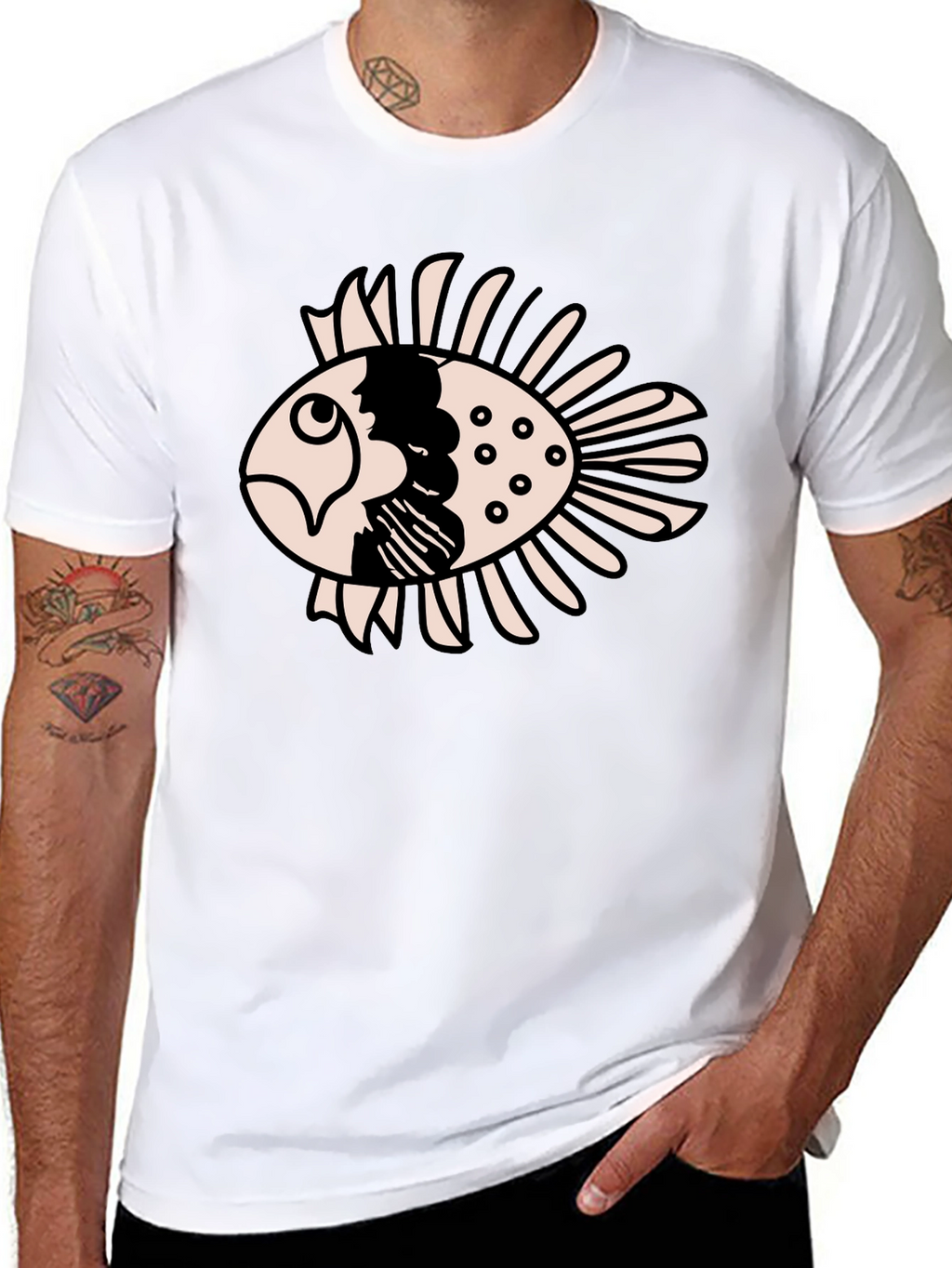 Black T-Shirt with Cartoon Fish Design