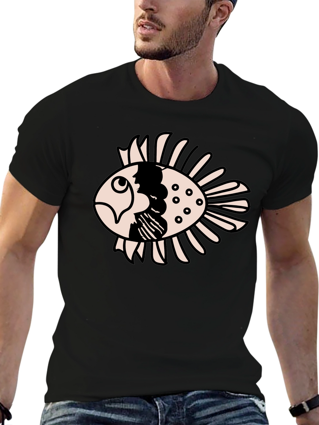 Black T-Shirt with Cartoon Fish Design