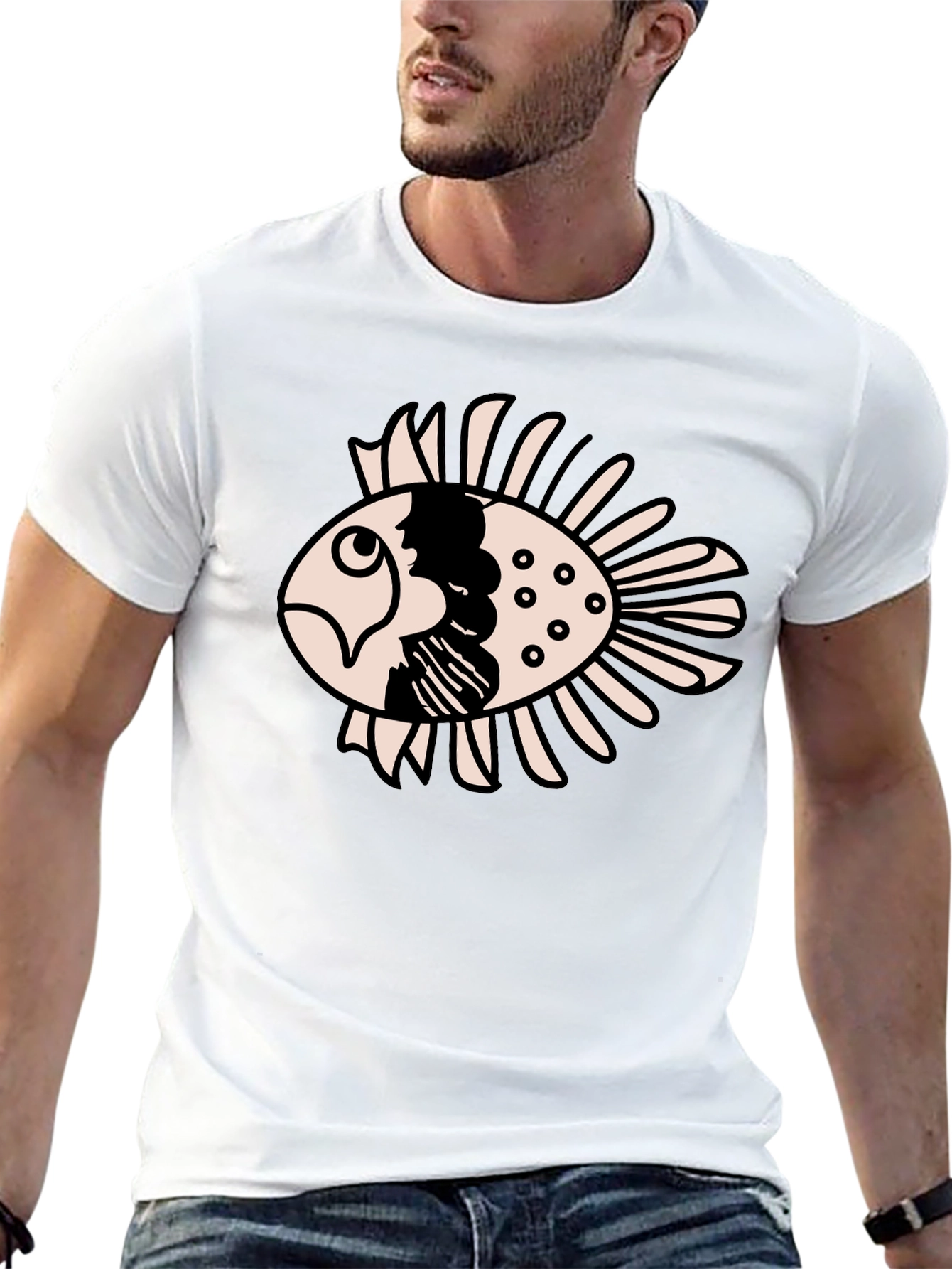 Black T-Shirt with Cartoon Fish Design