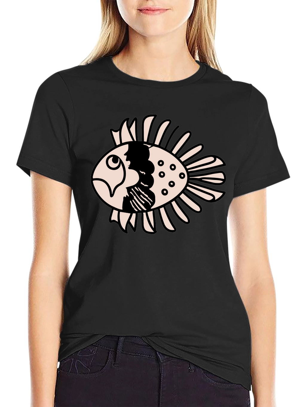 Black T-Shirt with Cartoon Fish Design