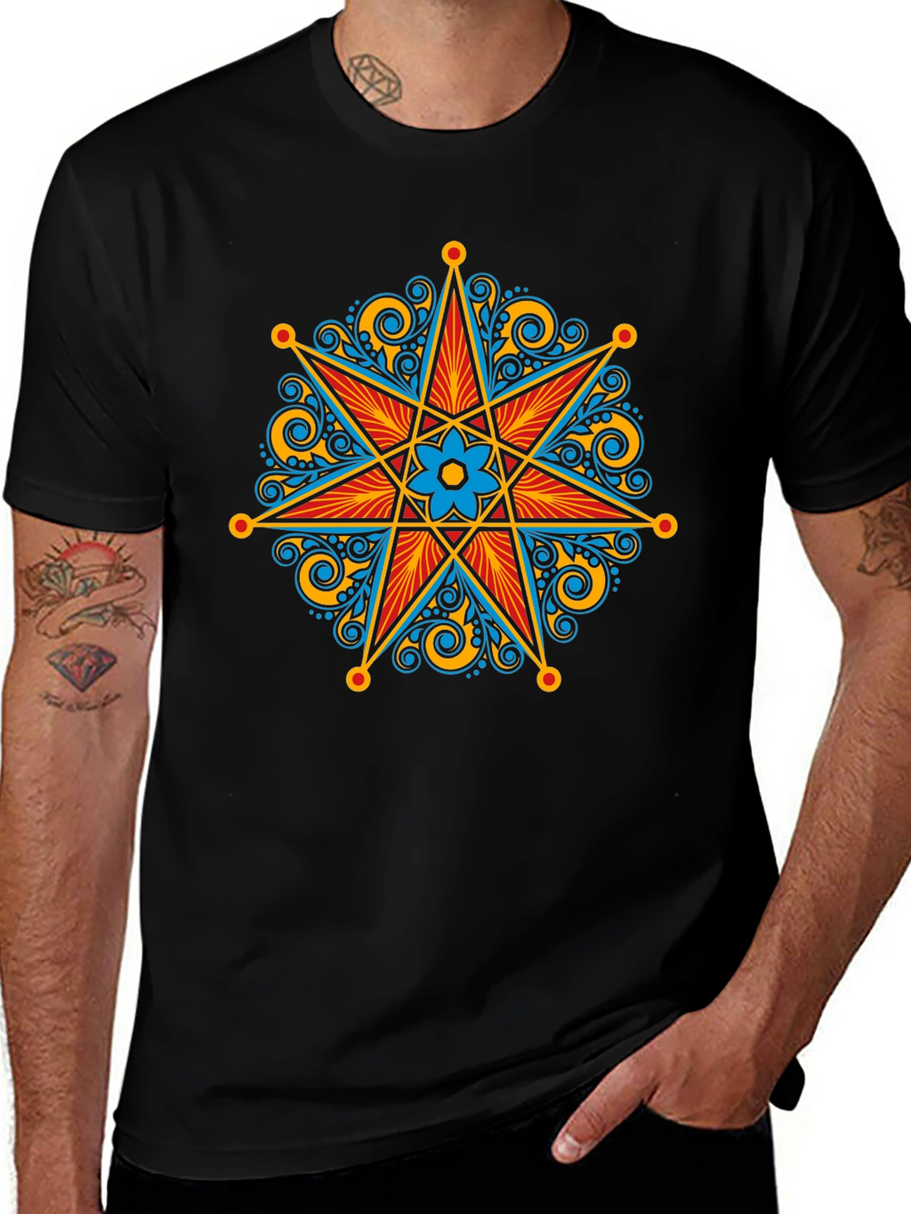 Ornate Star Design Black T-Shirt