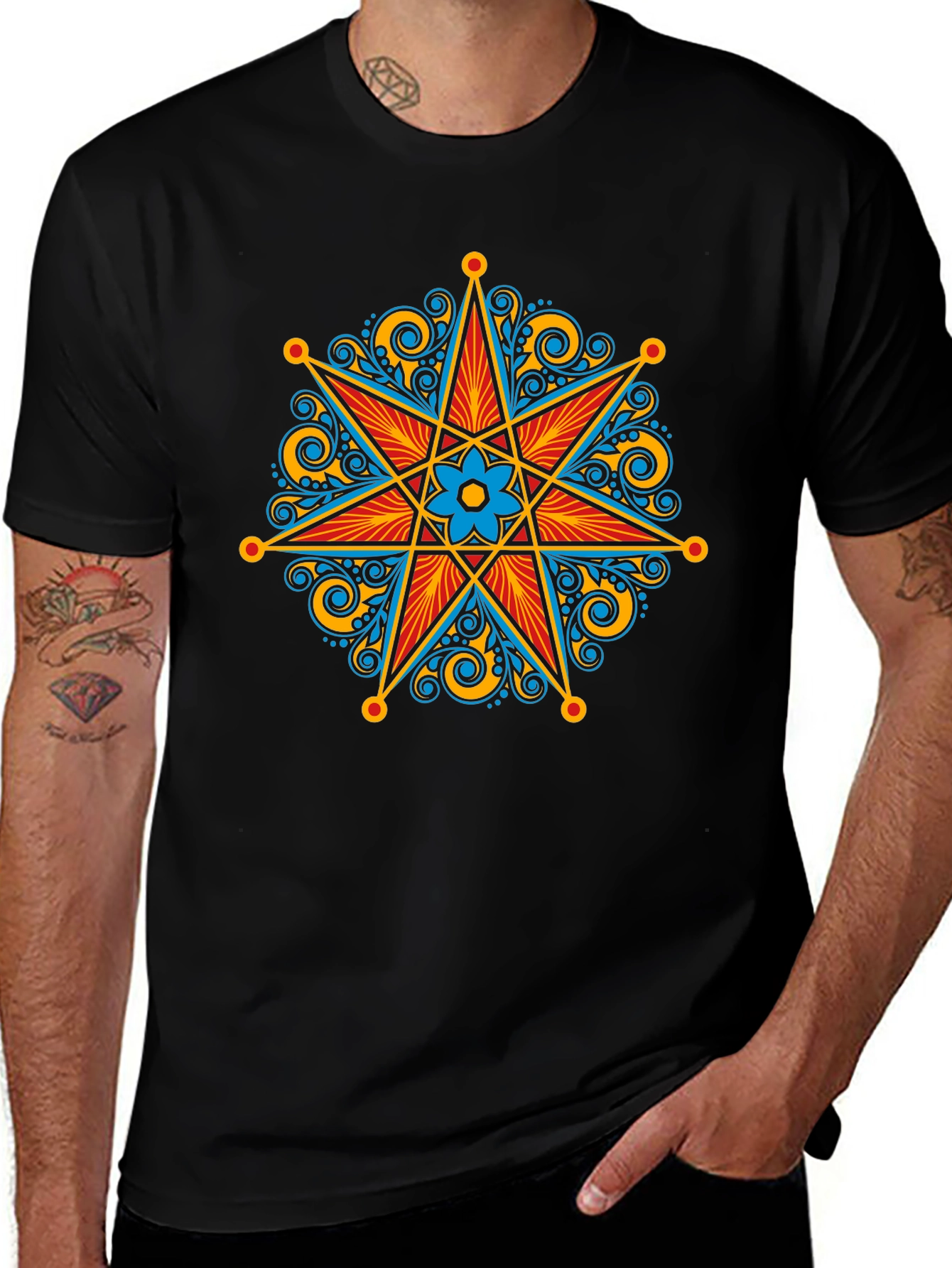 Ornate Star Design Black T-Shirt