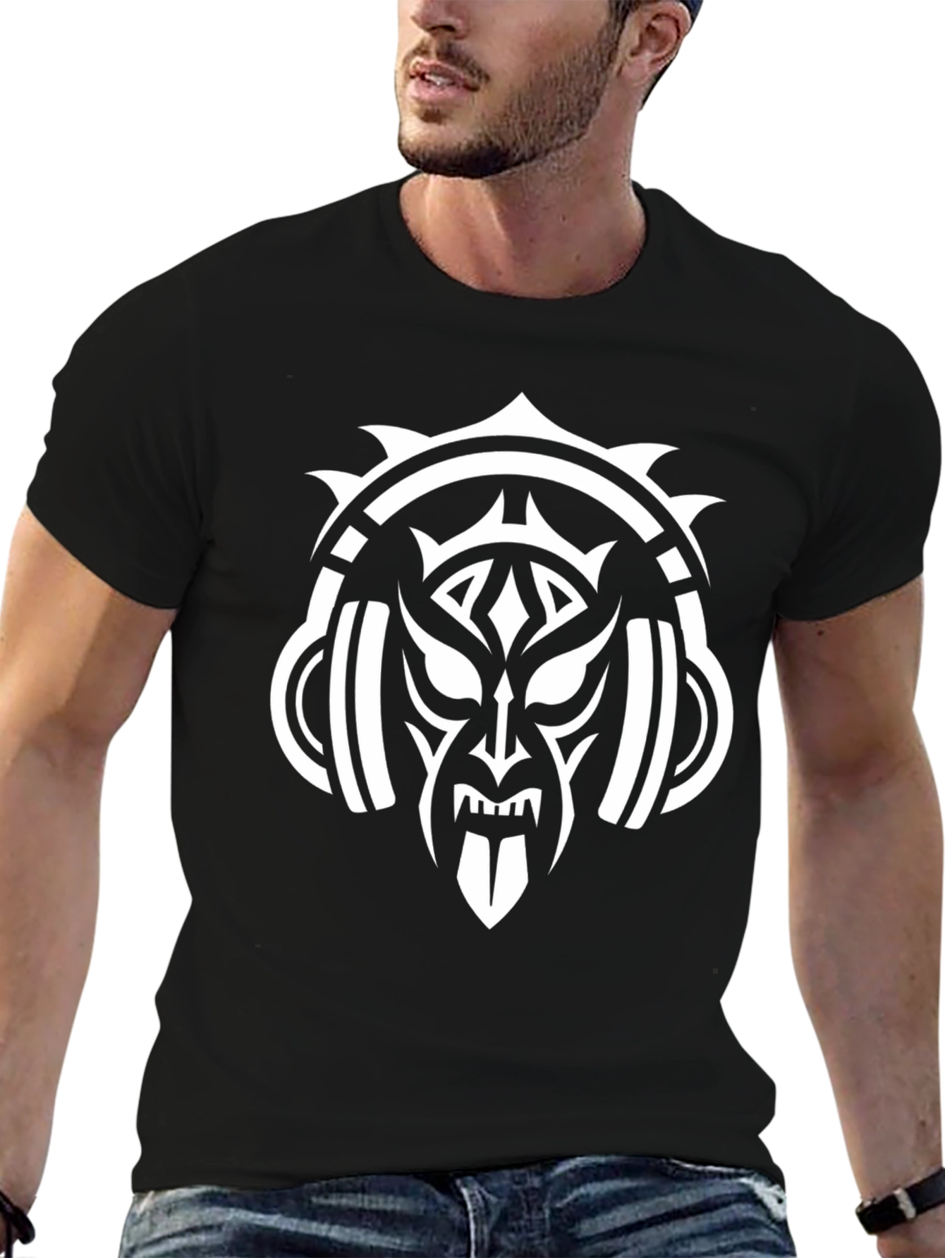 Tribal Mask & Headphones Black Graphic Tee