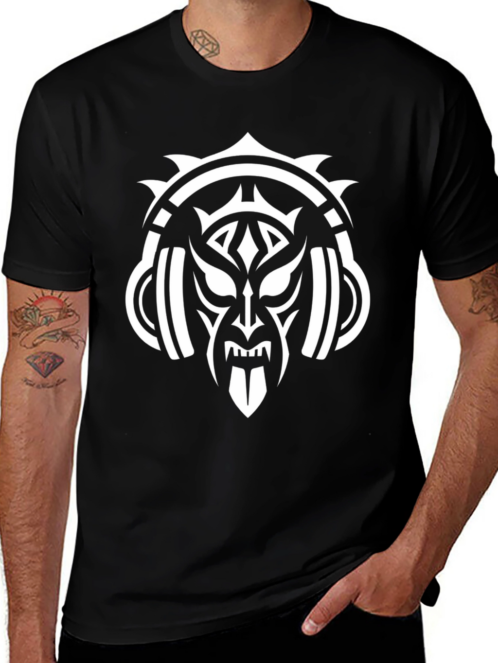 Tribal Mask & Headphones Black Graphic Tee
