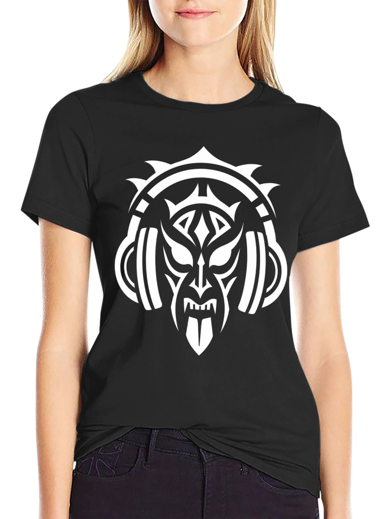 Tribal Mask & Headphones Black Graphic Tee