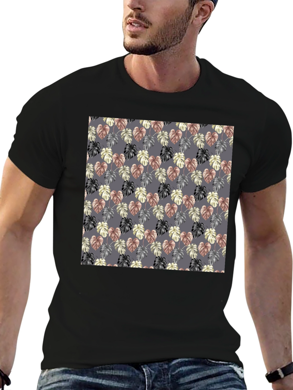 Monstera Leaf Pattern Black T-Shirt