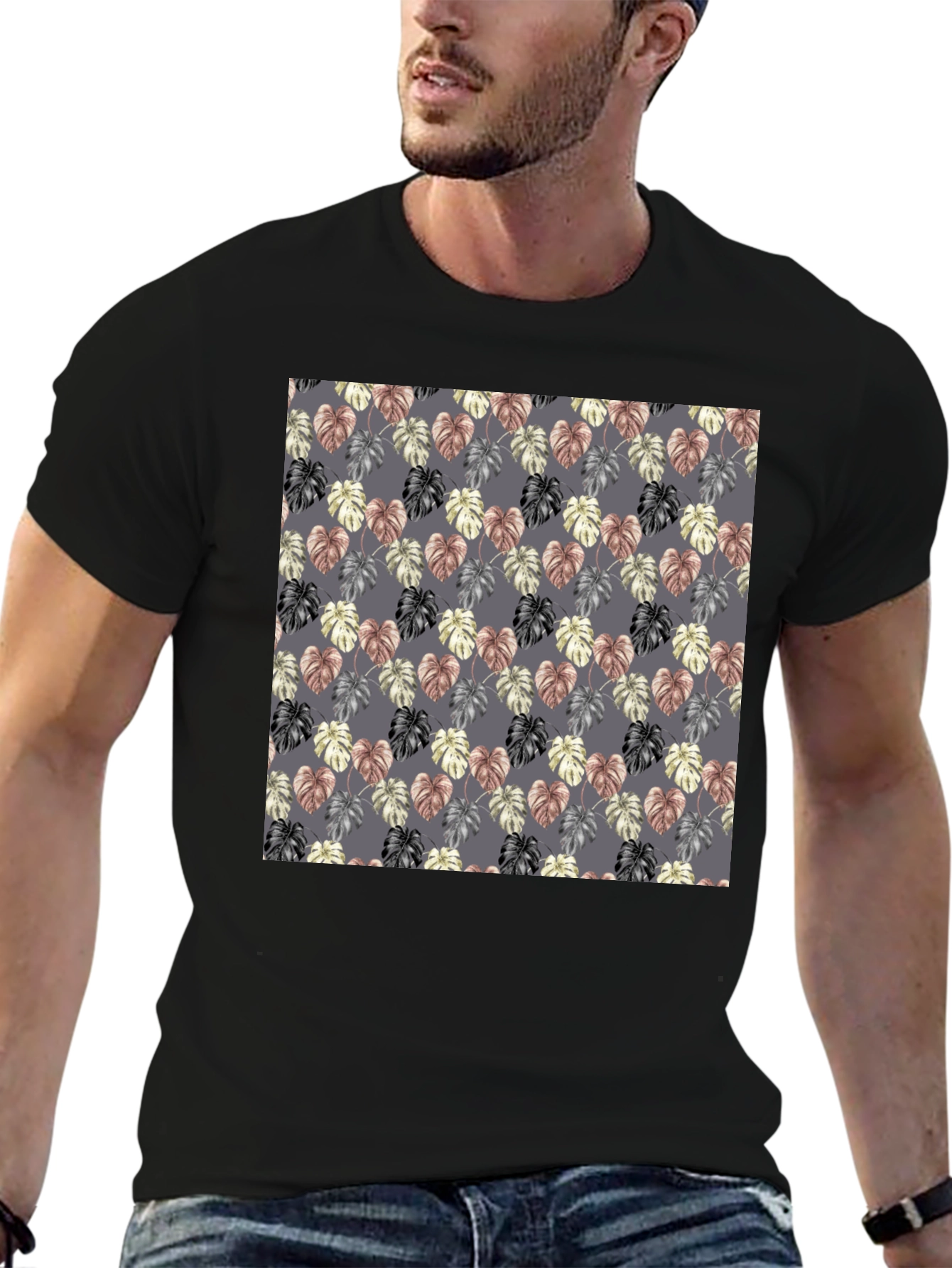 Monstera Leaf Pattern Black T-Shirt