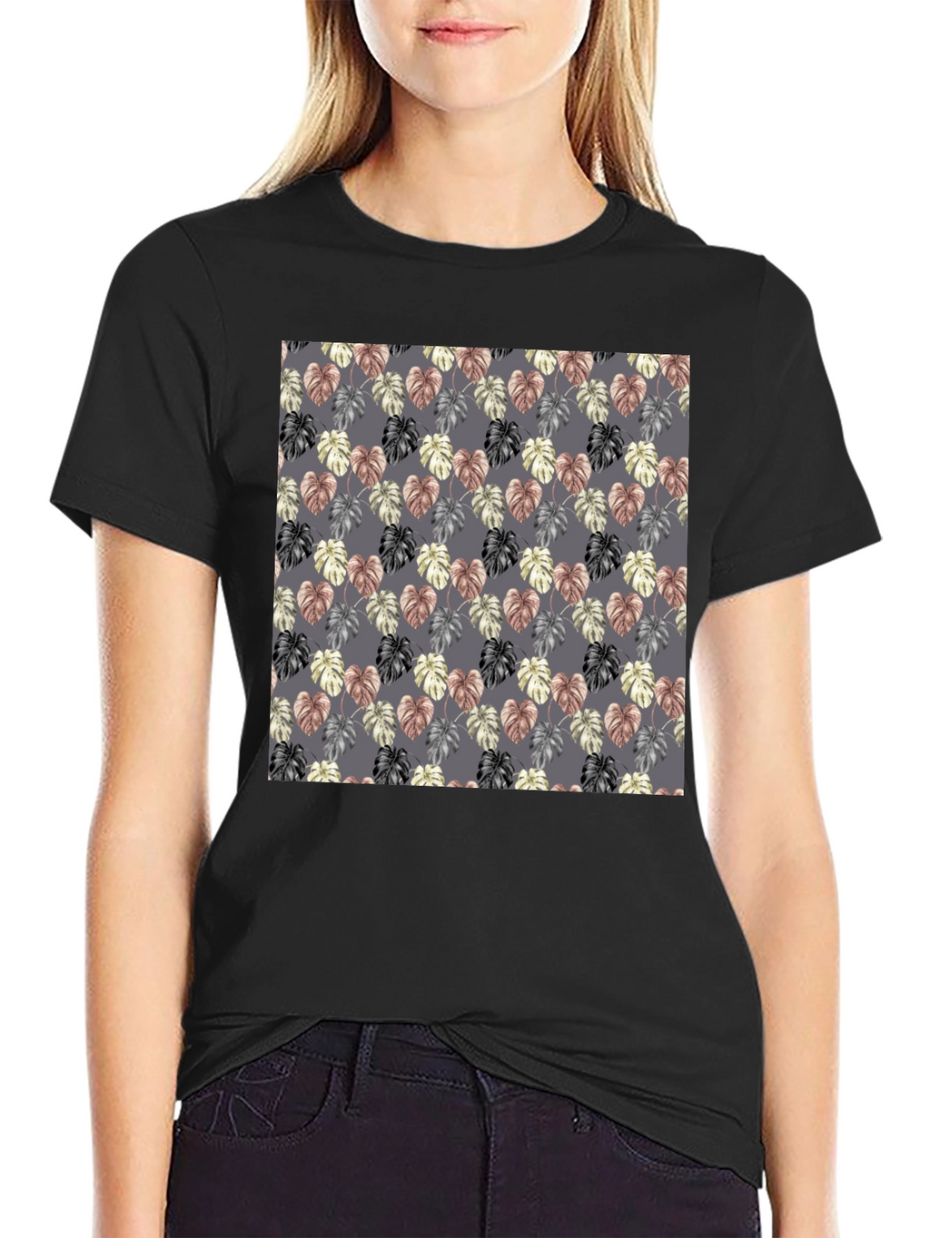 Monstera Leaf Pattern Black T-Shirt